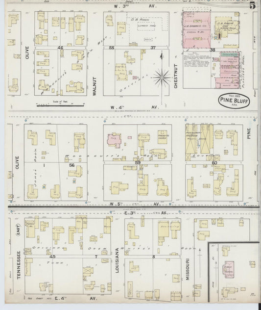 Sanborn Fire Insurance Map from Pine Bluff, Jefferson County, Arkansas (1889), Sheet #0005 - Historic Sanborn Fire Insurance Map Print, vintage old map wall art, antique decor, genealogy gift, Arkansas Arkansas map