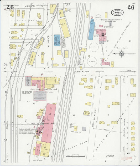 Sanborn Fire Insurance Map from Owosso, Shiawassee County, Michigan (1930), Sheet #0026 - Historic Sanborn Fire Insurance Map Print, vintage old map wall art, antique decor, genealogy gift, Michigan Michigan map