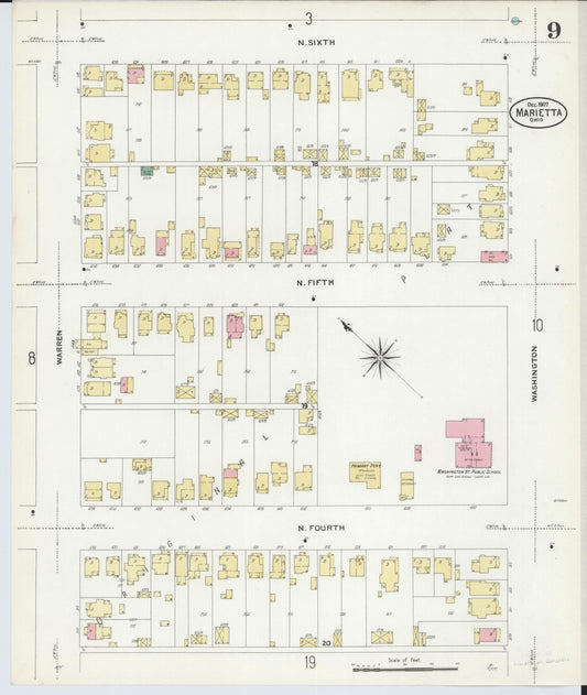 Sanborn Fire Insurance Map from Marietta, Washington County, Ohio (1907), Sheet #0009 - Historic Sanborn Fire Insurance Map Print, vintage old map wall art, antique decor, genealogy gift, Ohio Ohio map