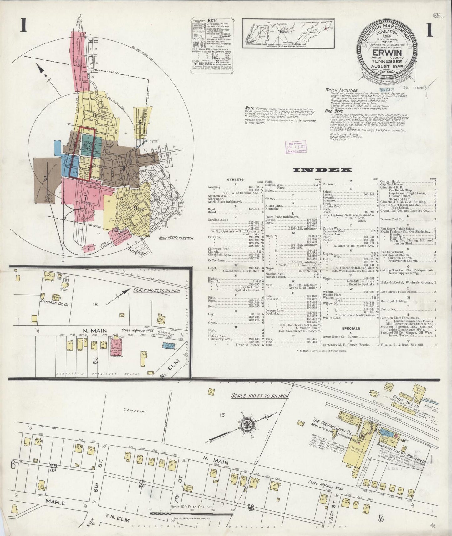 Sanborn Fire Insurance Map from Erwin, Unicoi County, Tennessee (1925), Sheet #0001 - Complete Map Set gallery image, historic Sanborn map, vintage wall art, Tennessee Tennessee