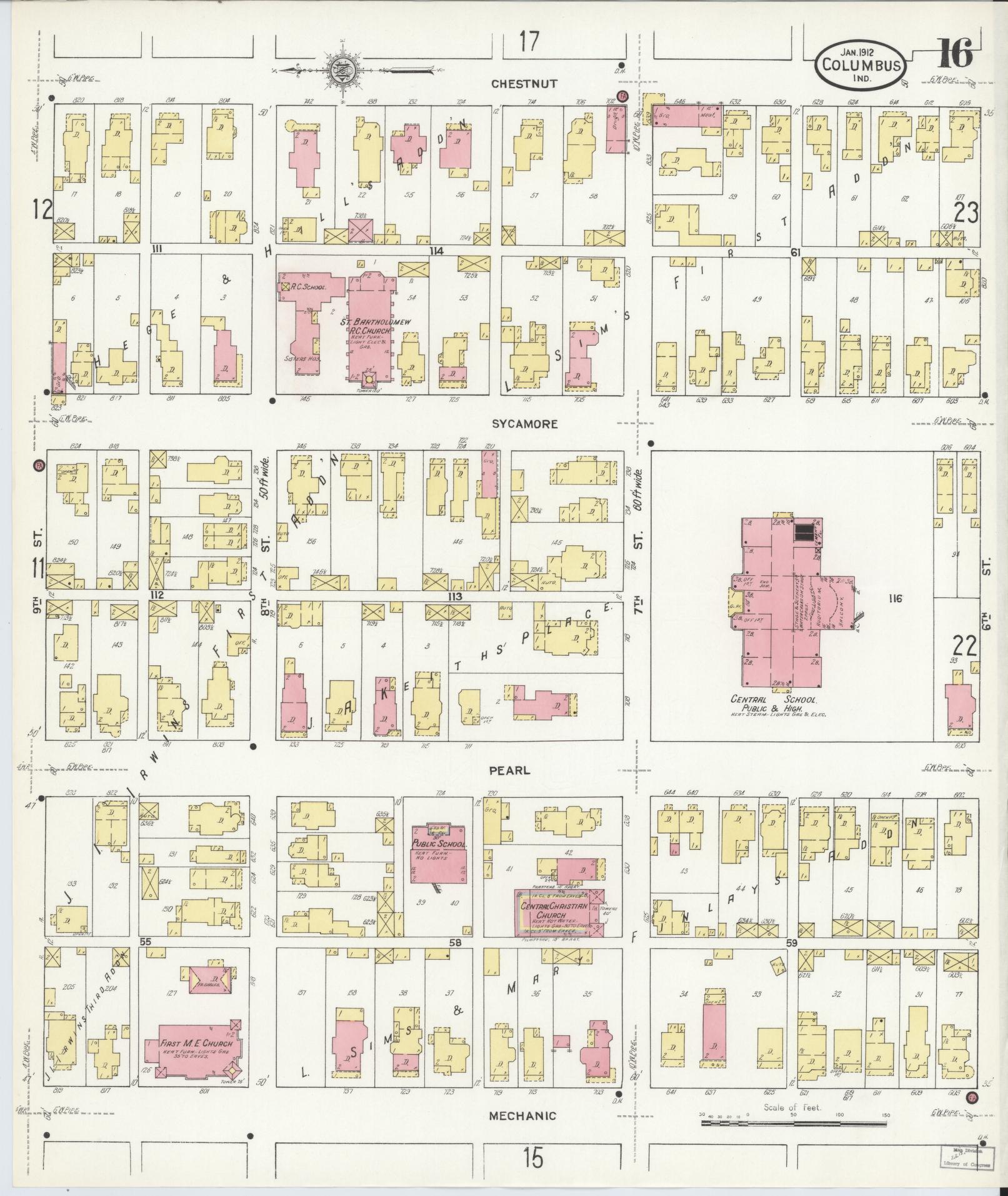Sanborn Fire Insurance Map from Columbus, Bartholomew County, Indiana (1912), Sheet #0016 - Historic Sanborn Fire Insurance Map Print, vintage old map wall art, antique decor, genealogy gift, Indiana Indiana map