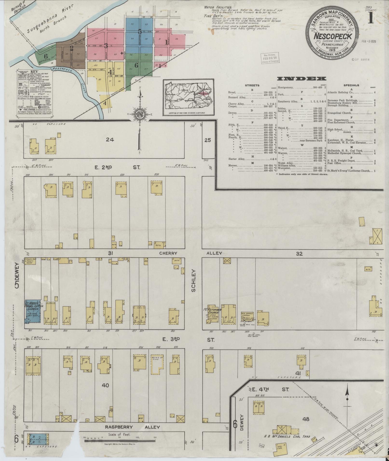 Sanborn Fire Insurance Map from Nescopeck, Luzerne County, Pennsylvania (1919), Sheet #0001 - Historic Sanborn Fire Insurance Map Print, vintage old map wall art, antique decor, genealogy gift, Pennsylvania Pennsylvania map