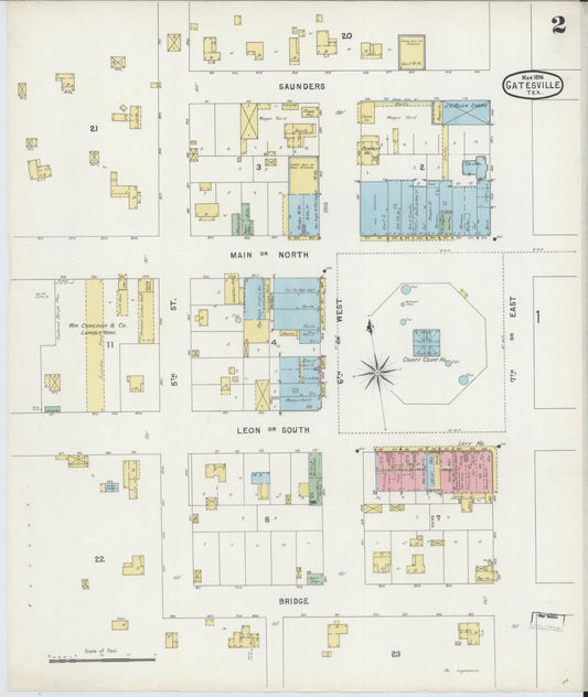 Sanborn Fire Insurance Map from Gatesville, Coryell County, Texas (1896), Sheet #0002 - Historic Sanborn Fire Insurance Map Print, vintage old map wall art, antique decor, genealogy gift, Texas Texas map