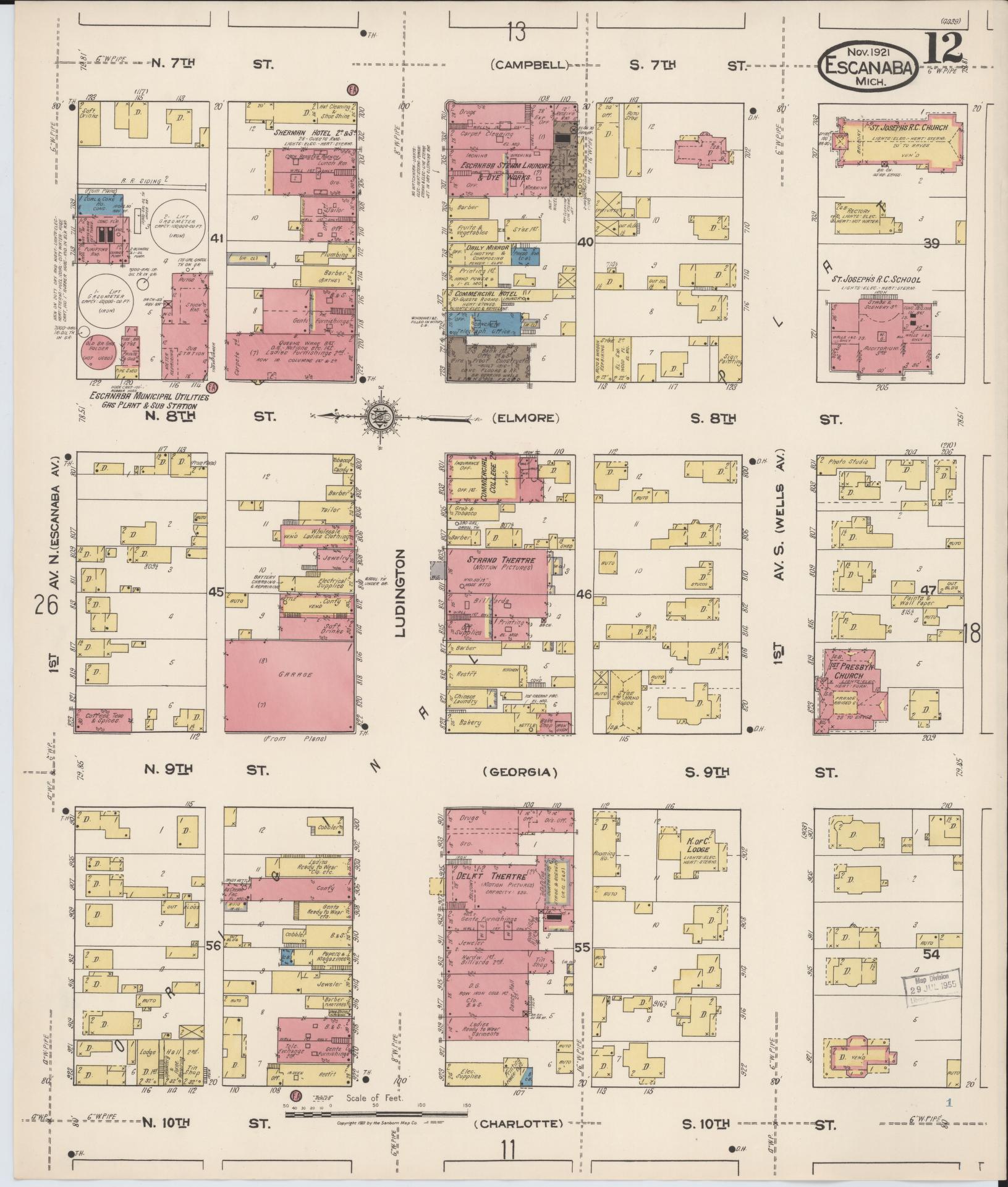 Sanborn Fire Insurance Map from Escanaba, Delta County, Michigan (1921), Sheet #0012 - Historic Sanborn Fire Insurance Map Print, vintage old map wall art, antique decor, genealogy gift, Michigan Michigan map