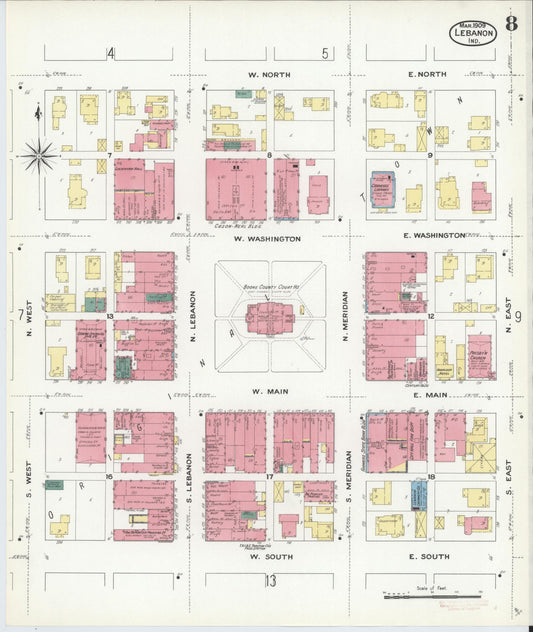 Sanborn Fire Insurance Map from Lebanon, Boone County, Indiana (1909), Sheet #0008 - Historic Sanborn Fire Insurance Map Print, vintage old map wall art, antique decor, genealogy gift, Indiana Indiana map