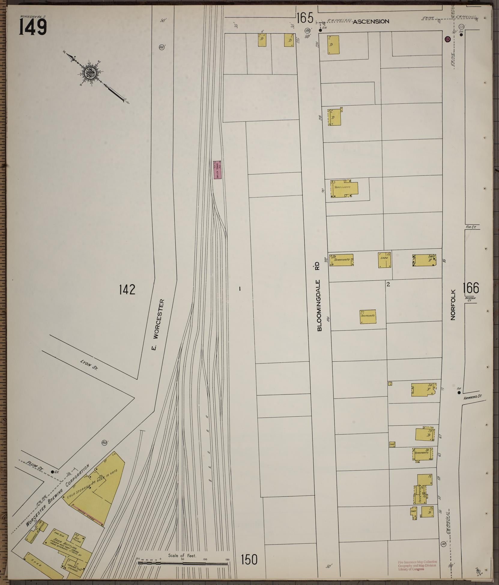 Sanborn Fire Insurance Map from Worcester, Worcester County, Massachusetts (1910), Sheet #0149 - Complete Map Set gallery image, historic Sanborn map, vintage wall art, Massachusetts Massachusetts