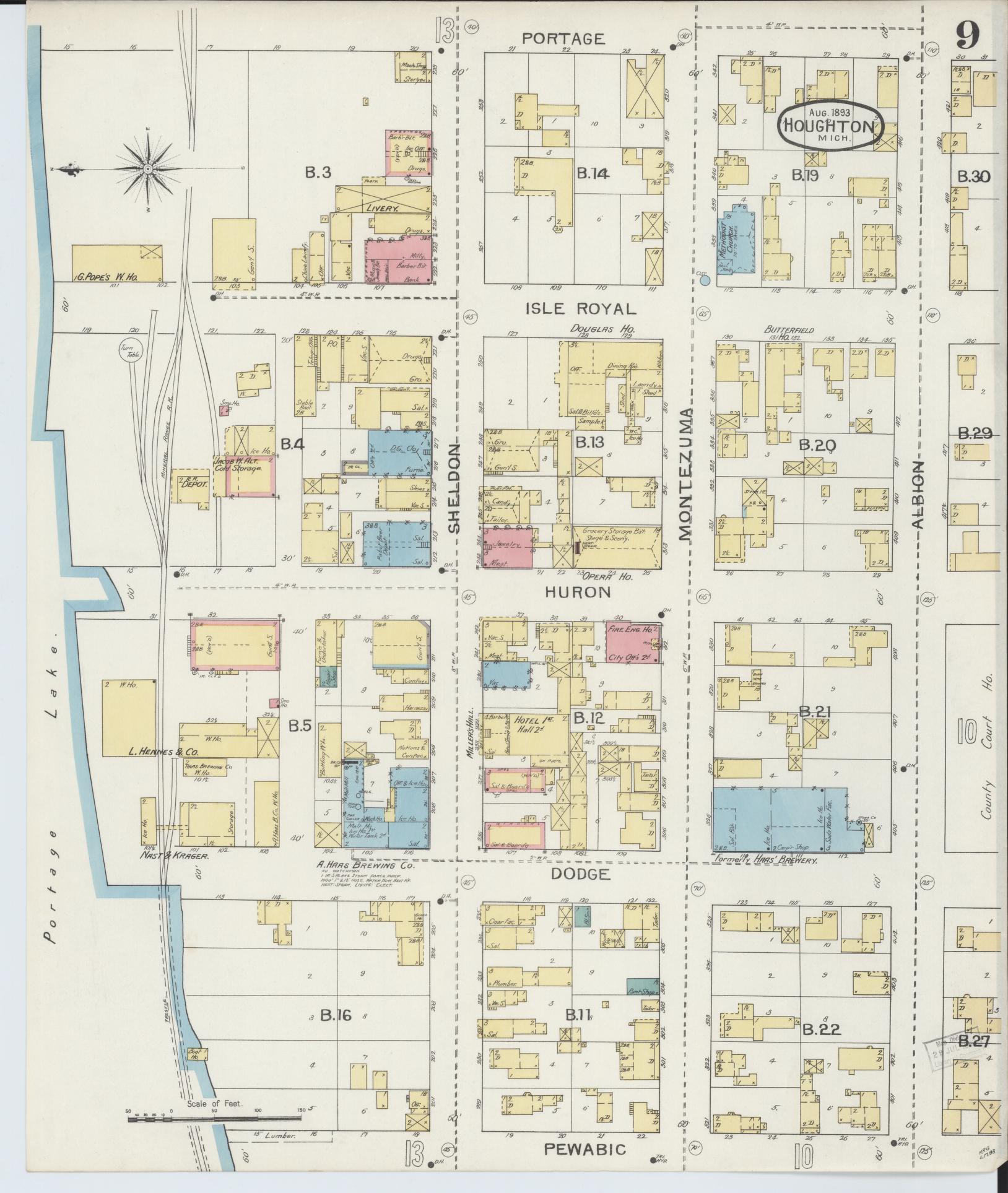 Sanborn Fire Insurance Map from Houghton, Houghton County, Michigan (1893), Sheet #0009 - Historic Sanborn Fire Insurance Map Print, vintage old map wall art, antique decor, genealogy gift, Michigan Michigan map