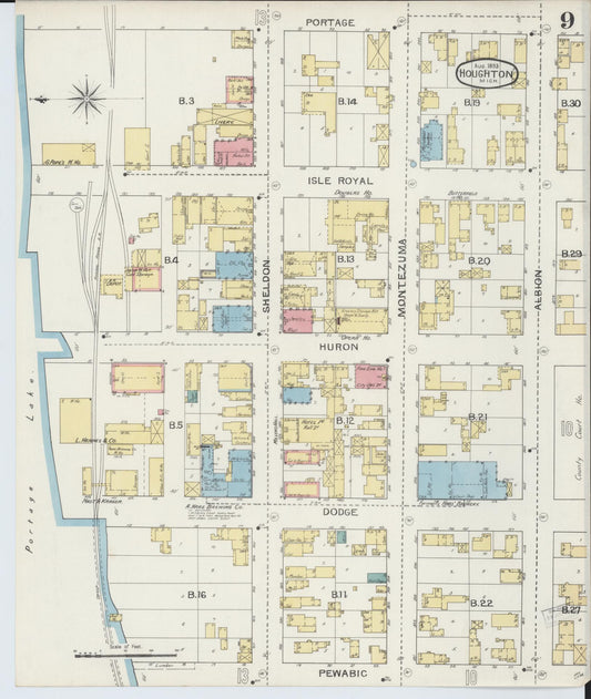 Sanborn Fire Insurance Map from Houghton, Houghton County, Michigan (1893), Sheet #0009 - Historic Sanborn Fire Insurance Map Print, vintage old map wall art, antique decor, genealogy gift, Michigan Michigan map