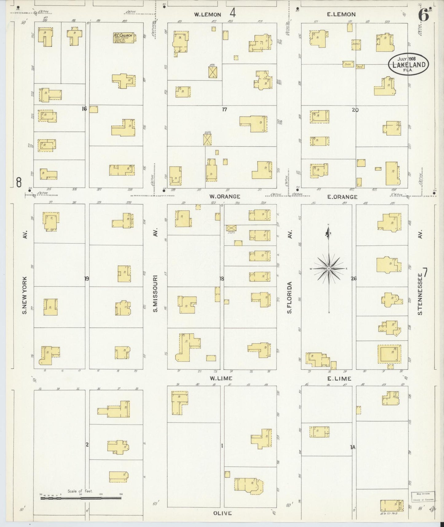 Sanborn Fire Insurance Map from Lakeland, Polk County, Florida (1908), Sheet #0006 - Complete Map Set gallery image, historic Sanborn map, vintage wall art, Florida Florida