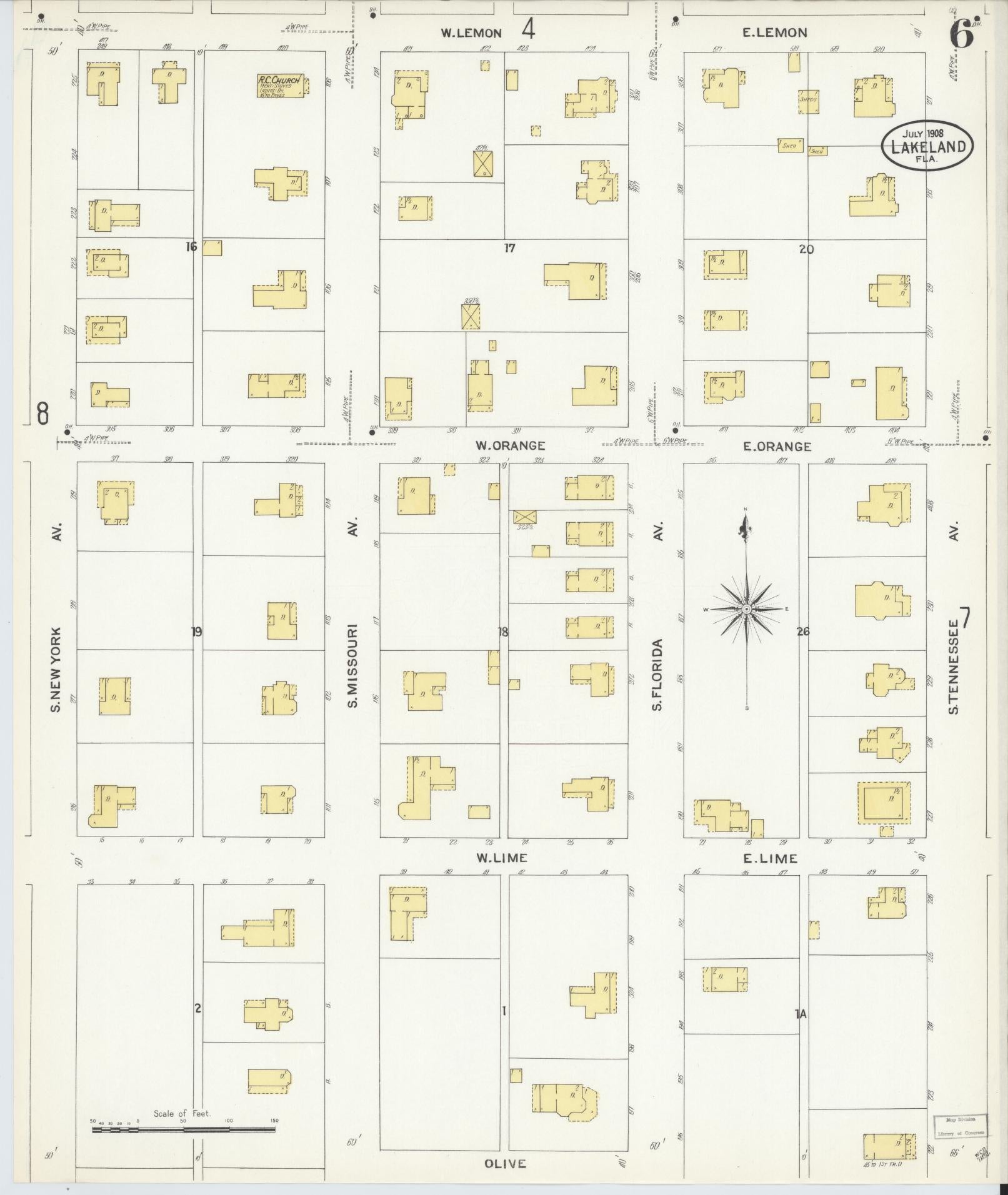 Sanborn Fire Insurance Map from Lakeland, Polk County, Florida (1908), Sheet #0006 - Complete Map Set gallery image, historic Sanborn map, vintage wall art, Florida Florida