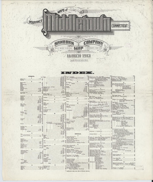 Sanborn Fire Insurance Map from Middletown, Middlesex County, Connecticut (1913), Sheet #0001 - Historic Sanborn Fire Insurance Map Print, vintage old map wall art, antique decor, genealogy gift, Connecticut Connecticut map