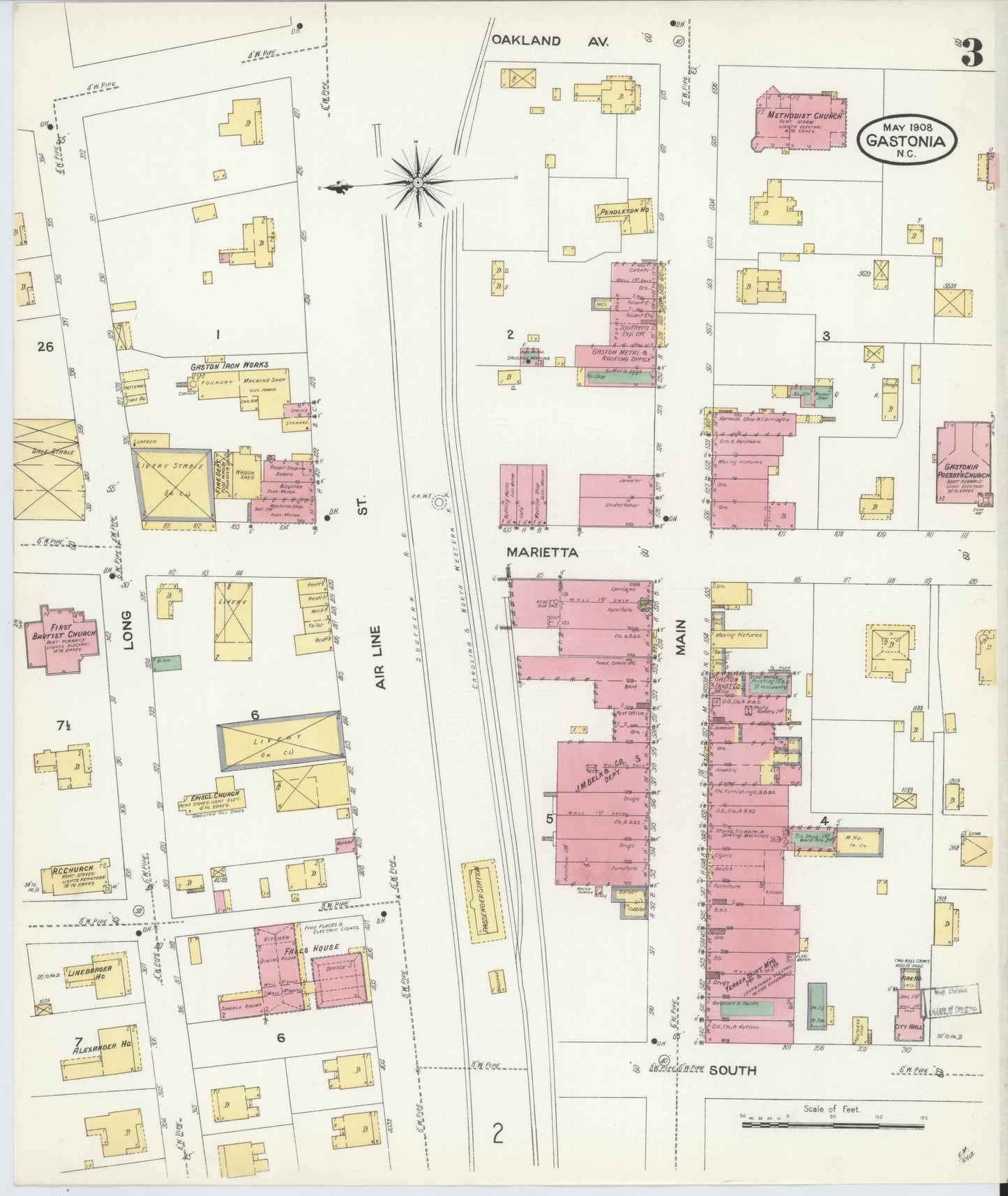 Sanborn Fire Insurance Map from Gastonia, Gaston County, North Carolina (1908), Sheet #0003 - Complete Map Set gallery image, historic Sanborn map, vintage wall art, North Carolina North Carolina