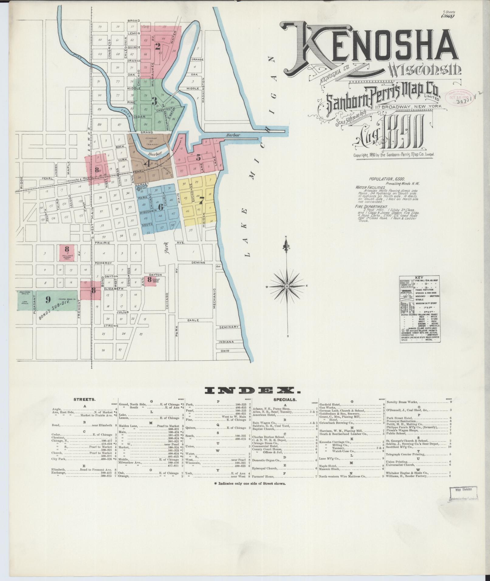 Sanborn Fire Insurance Map from Kenosha, Kenosha County, Wisconsin (1890), Sheet #0001 - Complete Map Set gallery image, historic Sanborn map, vintage wall art, Wisconsin Wisconsin