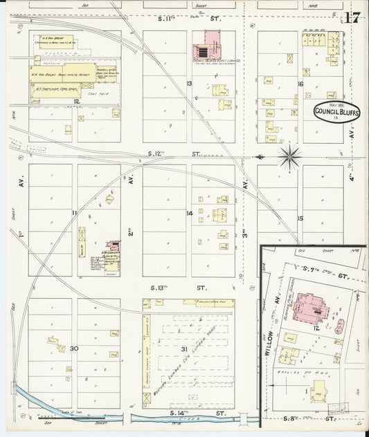 Sanborn Fire Insurance Map from Council Bluffs, Pottawattamie County, Iowa (1891), Sheet #0017 - Historic Sanborn Fire Insurance Map Print, vintage old map wall art