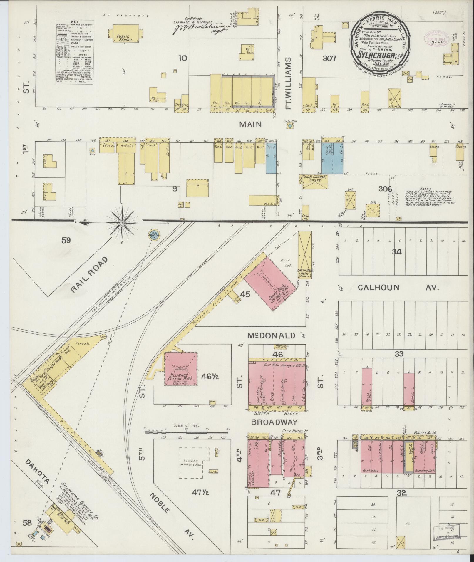 Sanborn Fire Insurance Map from Sylacauga, Talladega County, Alabama (1894), Sheet #0001 - Historic Sanborn Fire Insurance Map Print, vintage old map wall art, antique decor, genealogy gift, Alabama Alabama map