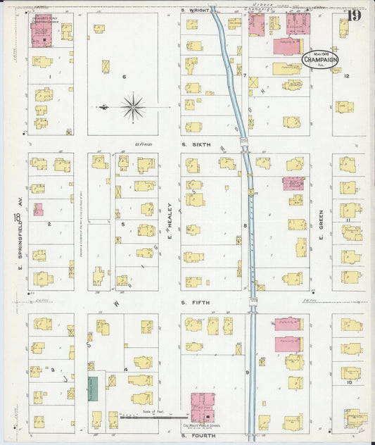 Sanborn Fire Insurance Map from Champaign, Champaign County, Illinois (1909), Sheet #0019 - Historic Sanborn Fire Insurance Map Print, vintage old map wall art, antique decor, genealogy gift, Illinois Illinois map