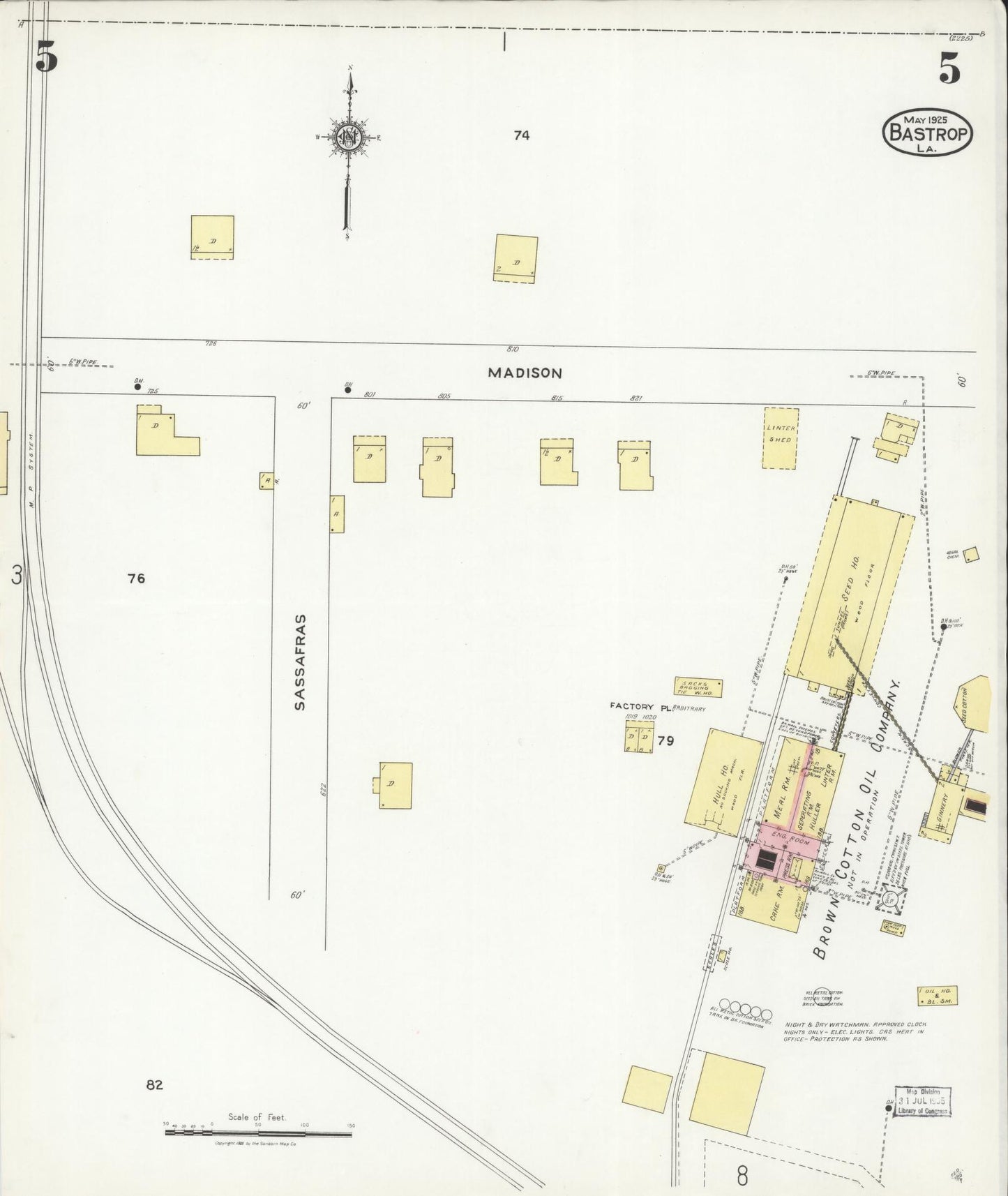 Sanborn Fire Insurance Map from Bastrop, Morehouse Parish, Louisiana (1925), Sheet #0005 - Historic Sanborn Fire Insurance Map Print, vintage old map wall art, antique decor, genealogy gift, Louisiana Louisiana map