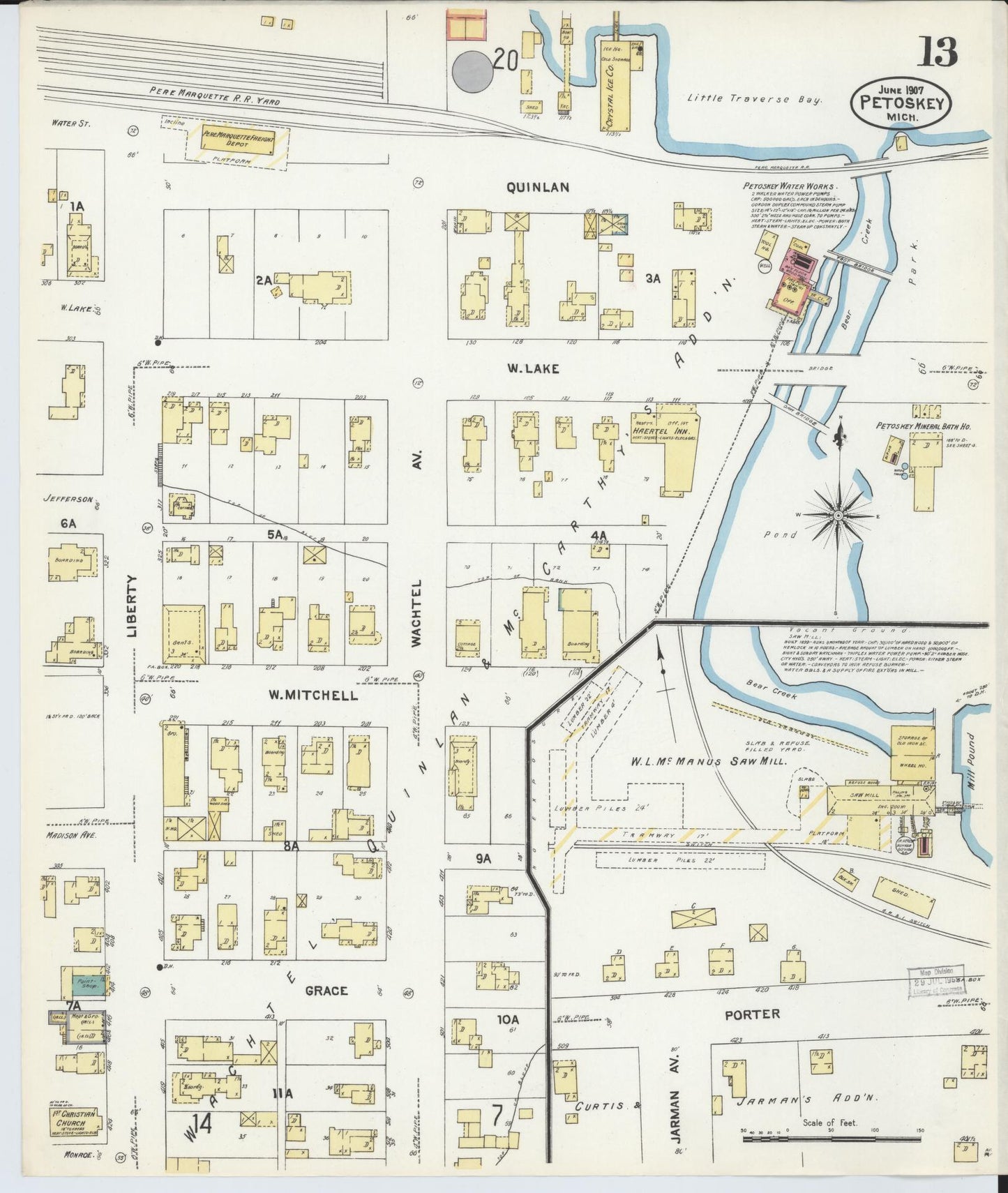 Sanborn Fire Insurance Map from Petoskey, Emmet County, Michigan (1907), Sheet #0013 - Complete Map Set gallery image, historic Sanborn map, vintage wall art, Michigan Michigan