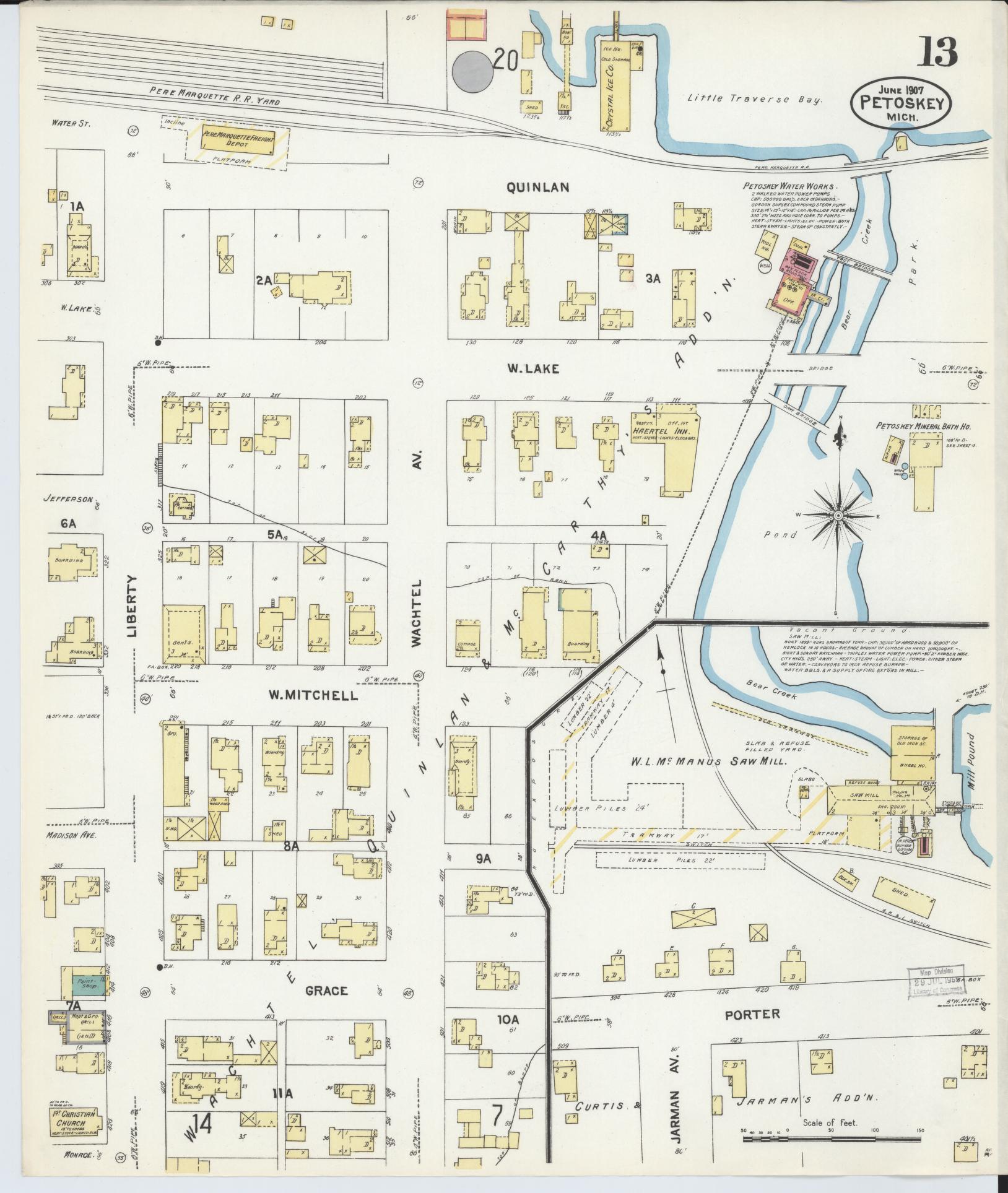 Sanborn Fire Insurance Map from Petoskey, Emmet County, Michigan (1907), Sheet #0013 - Complete Map Set gallery image, historic Sanborn map, vintage wall art, Michigan Michigan