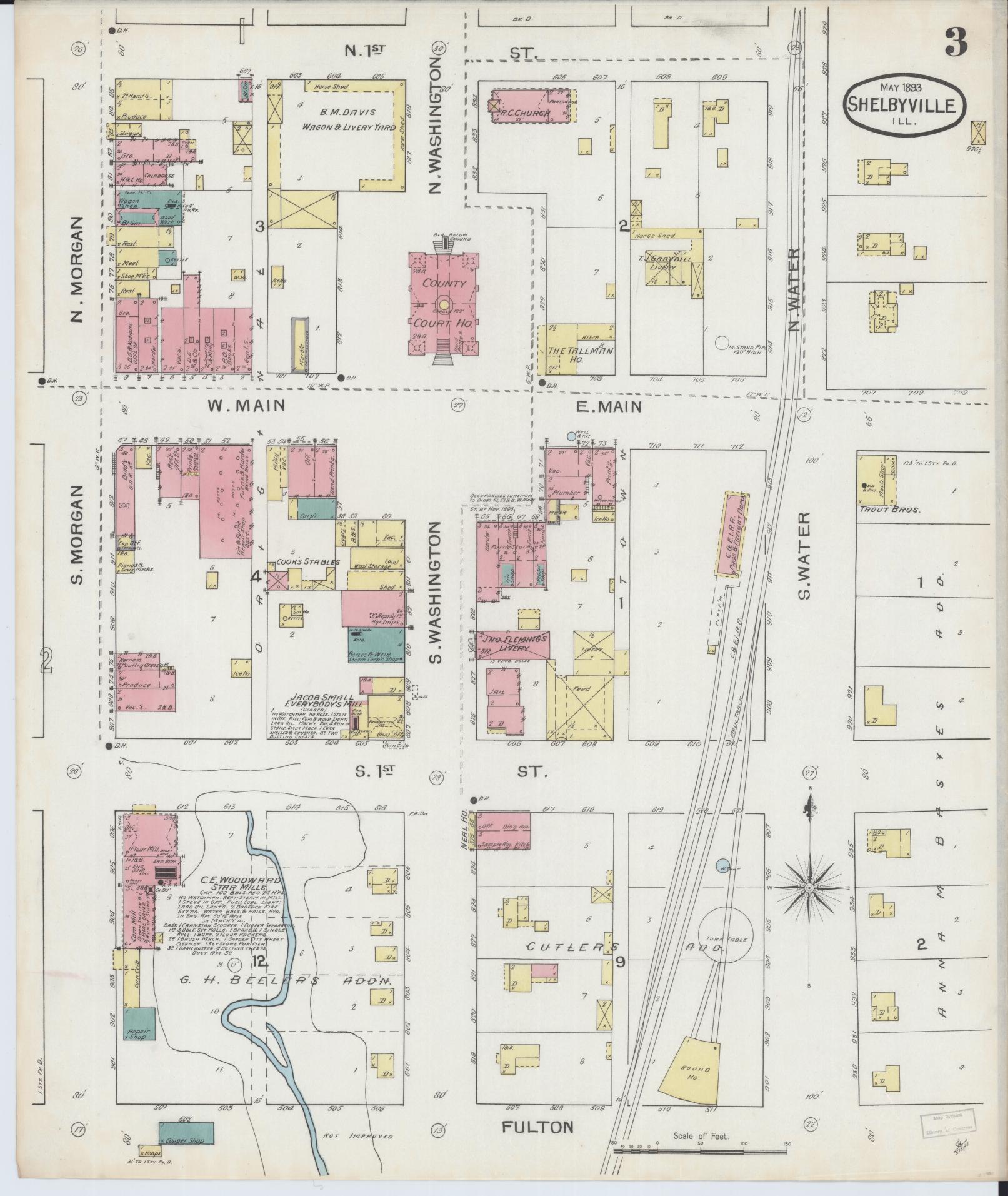 Sanborn Fire Insurance Map from Shelbyville, Shelby County, Illinois (1893), Sheet #0003 - Historic Sanborn Fire Insurance Map Print, vintage old map wall art, antique decor, genealogy gift, Illinois Illinois map