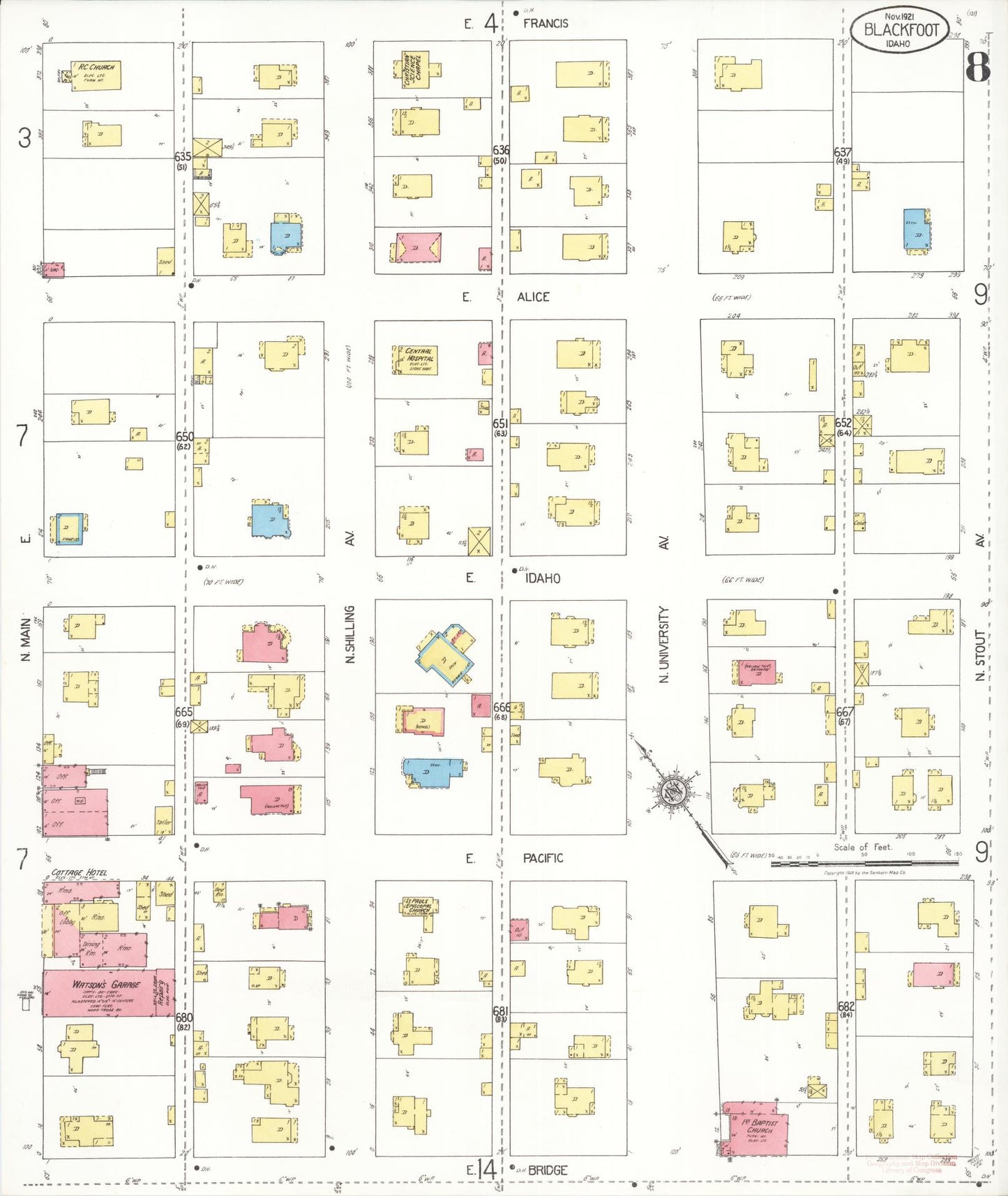 Sanborn Fire Insurance Map from Blackfoot, Bingham County, Idaho (1921), Sheet #0008 - Complete Map Set gallery image, historic Sanborn map, vintage wall art, Idaho Idaho