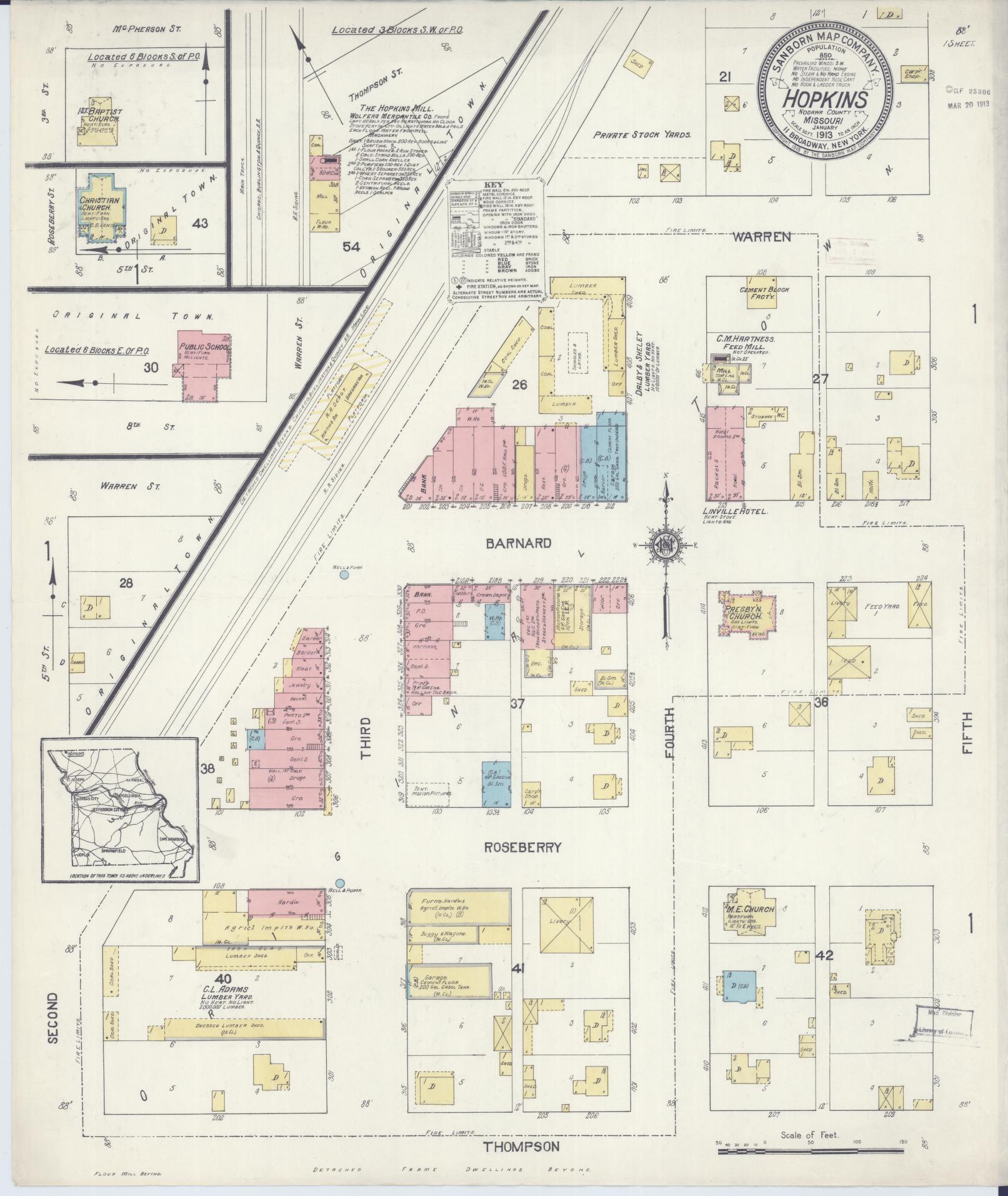 Sanborn Fire Insurance Map from Hopkins, Nodaway County, Missouri (1913), Sheet #0001 - Historic Sanborn Fire Insurance Map Print, vintage old map wall art, antique decor, genealogy gift, Missouri Missouri map