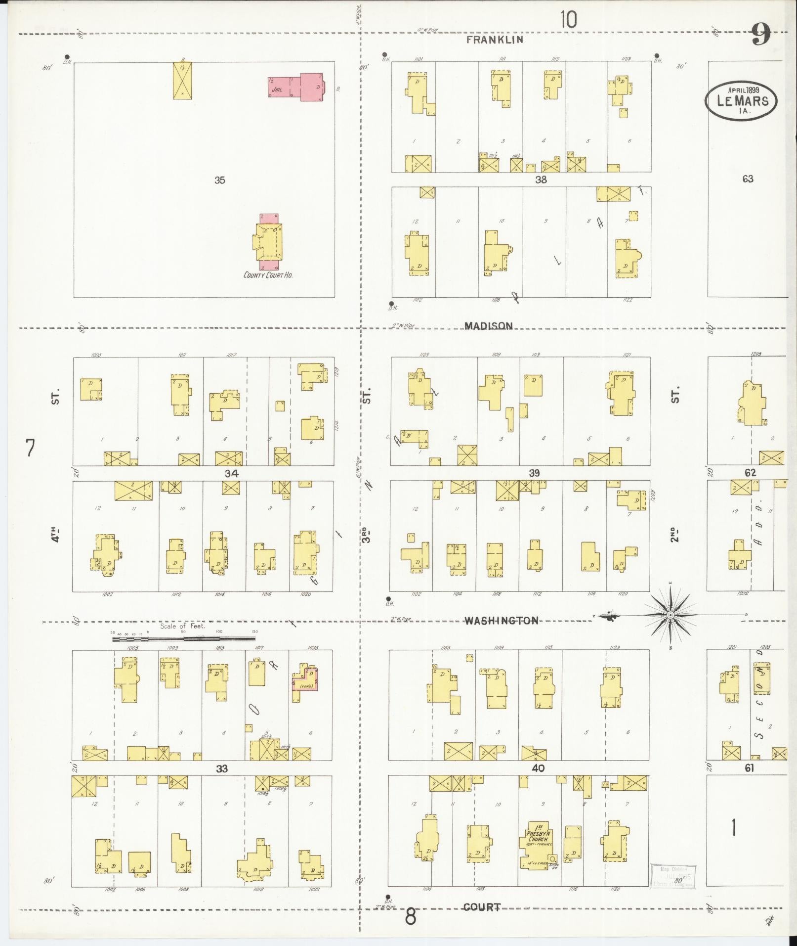Sanborn Fire Insurance Map from Le Mars, Plymouth County, Iowa (1899), Sheet #0009 - Historic Sanborn Fire Insurance Map Print, vintage old map wall art