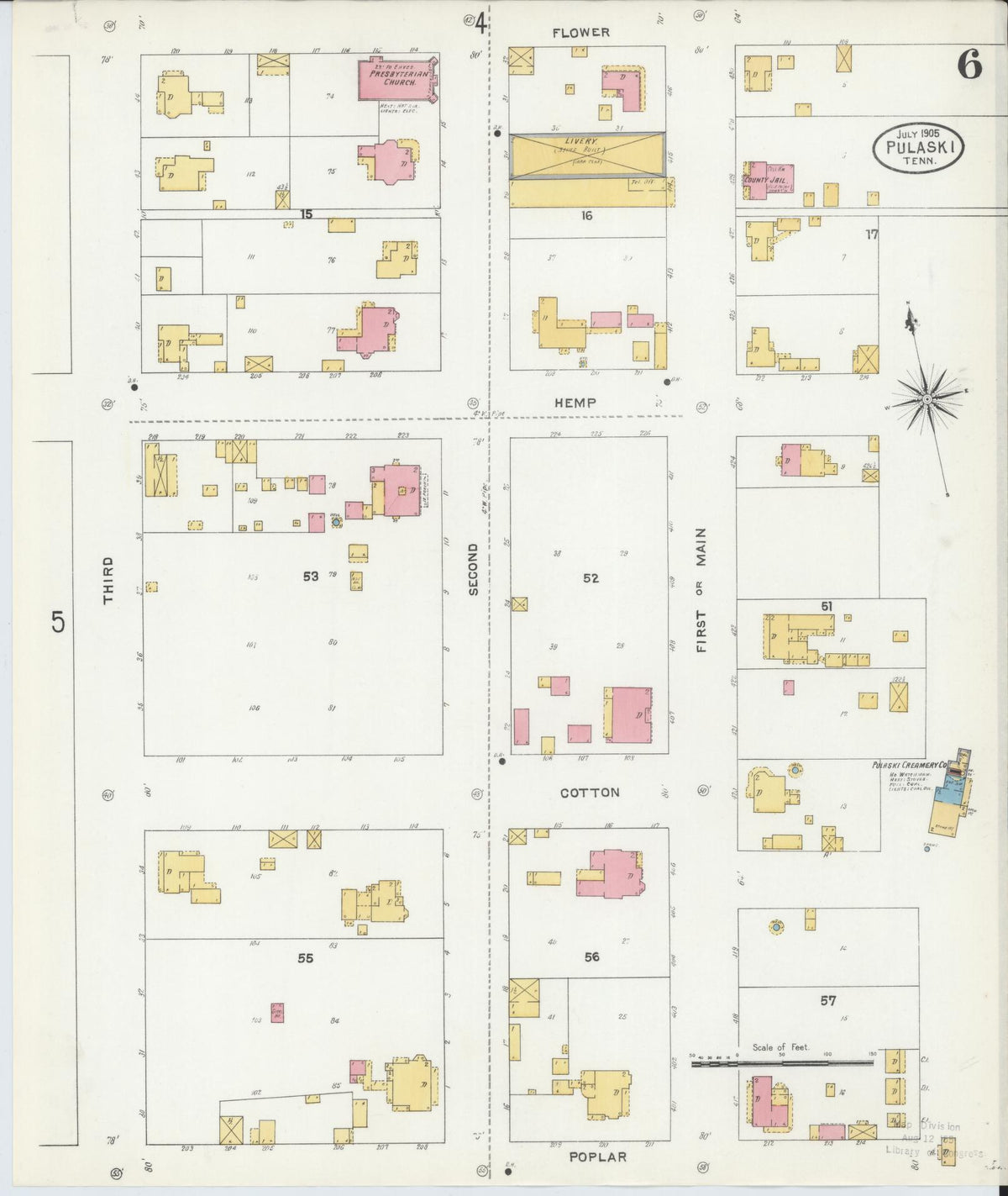 Sanborn Fire Insurance Map from Pulaski, Giles County, Tennessee (1905), Sheet #0006 - Complete Map Set gallery image, historic Sanborn map, vintage wall art, Tennessee Tennessee