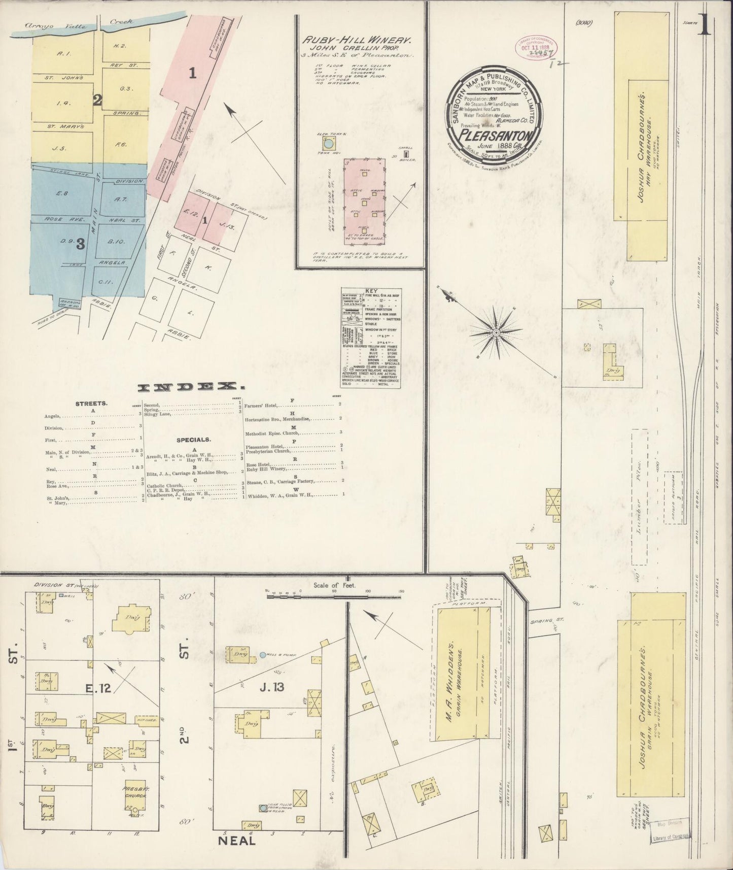 Sanborn Fire Insurance Map from Pleasanton, Alameda County, California (1888), Sheet #0001 - Complete Map Set gallery image, historic Sanborn map, vintage wall art, California California