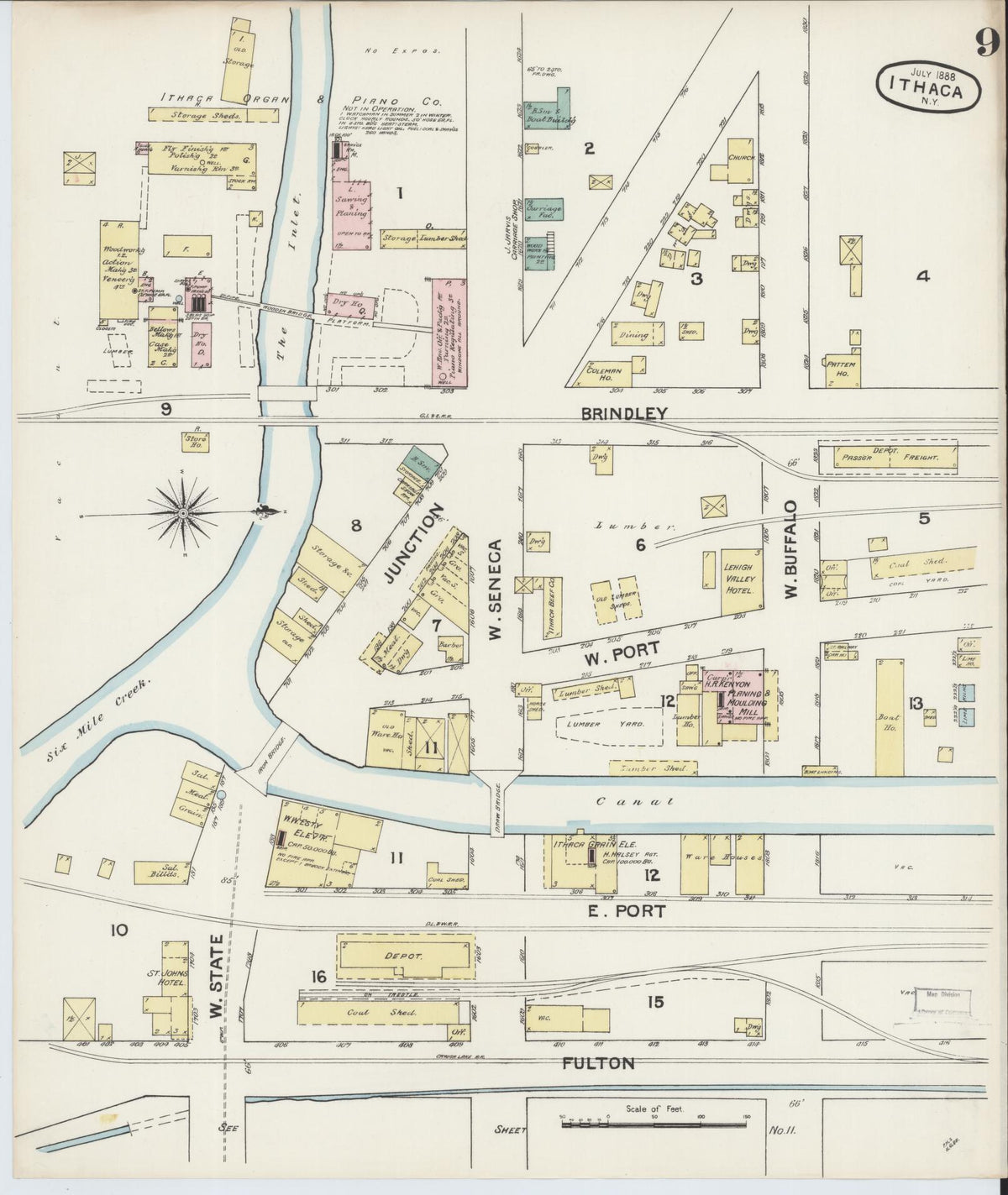 Sanborn Fire Insurance Map from Ithaca, Tompkins County, New York (1888), Sheet #0009 - Historic Sanborn Fire Insurance Map Print, vintage old map wall art, antique decor, genealogy gift, New York New York map