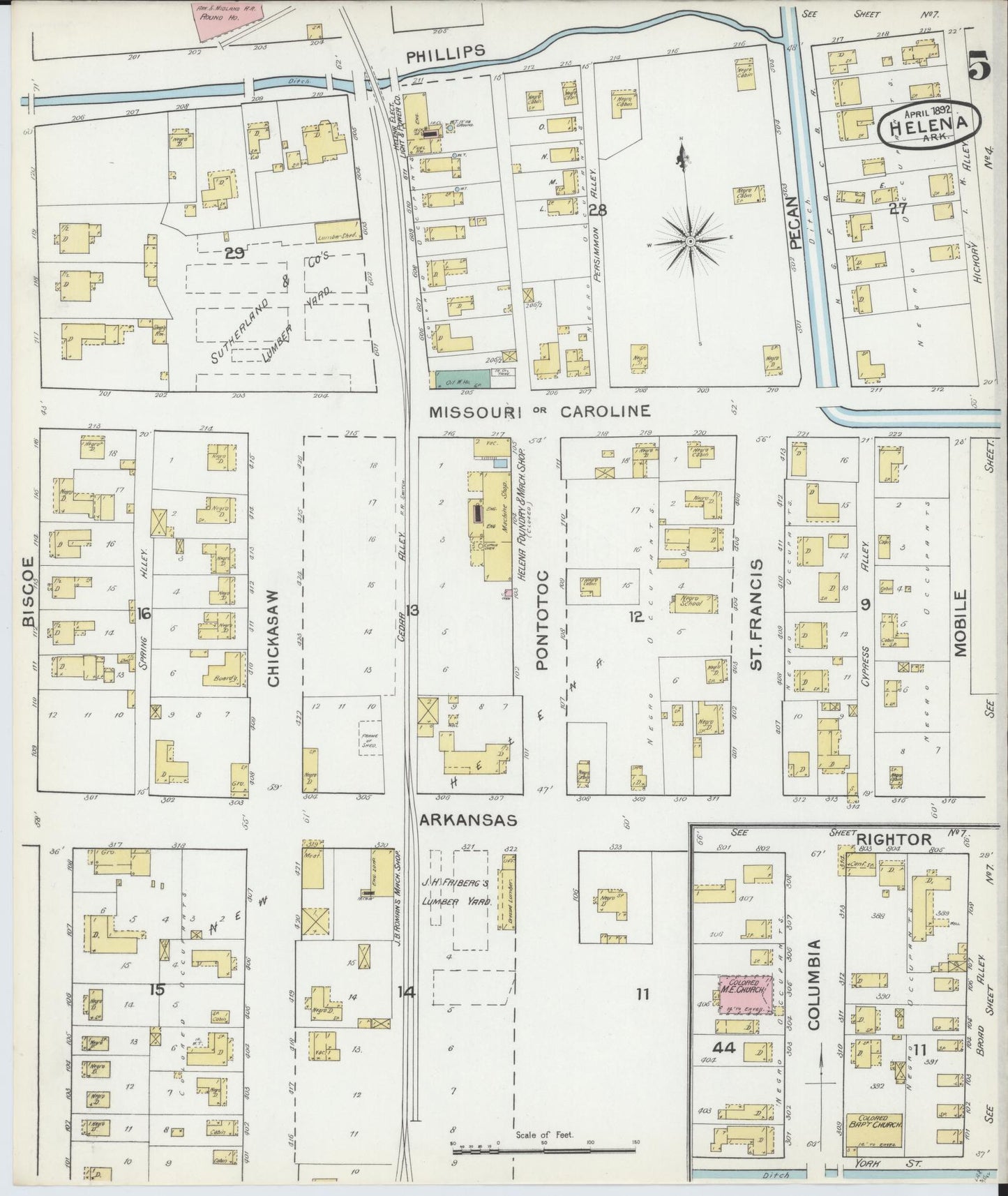 Sanborn Fire Insurance Map from Helena, Phillips County, Arkansas (1892), Sheet #0005 - Complete Map Set gallery image, historic Sanborn map, vintage wall art, Arkansas Arkansas