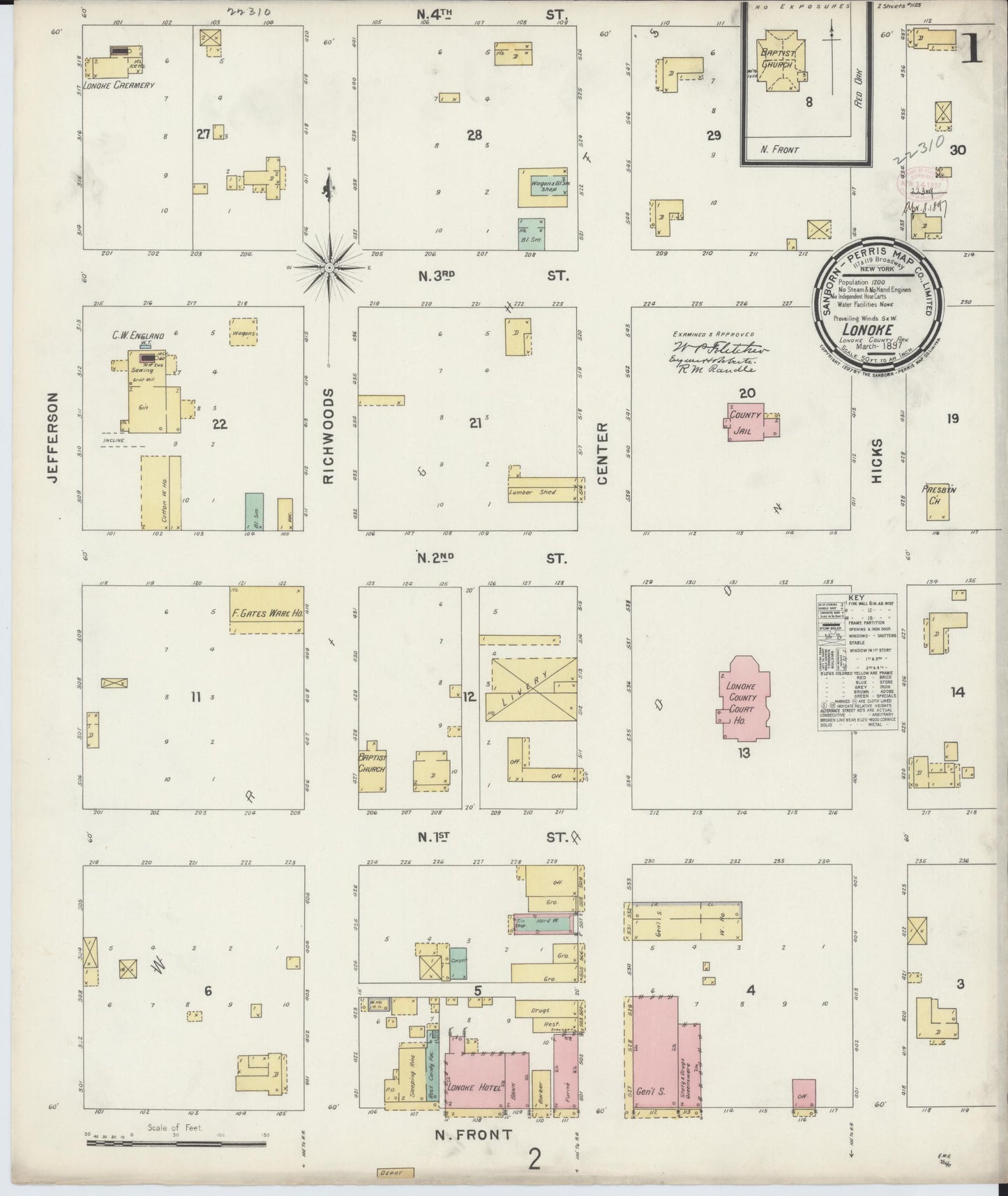 Sanborn Fire Insurance Map from Lonoke, Lonoke County, Arkansas (1897), Sheet #0001 - Complete Map Set gallery image, historic Sanborn map, vintage wall art, Arkansas Arkansas