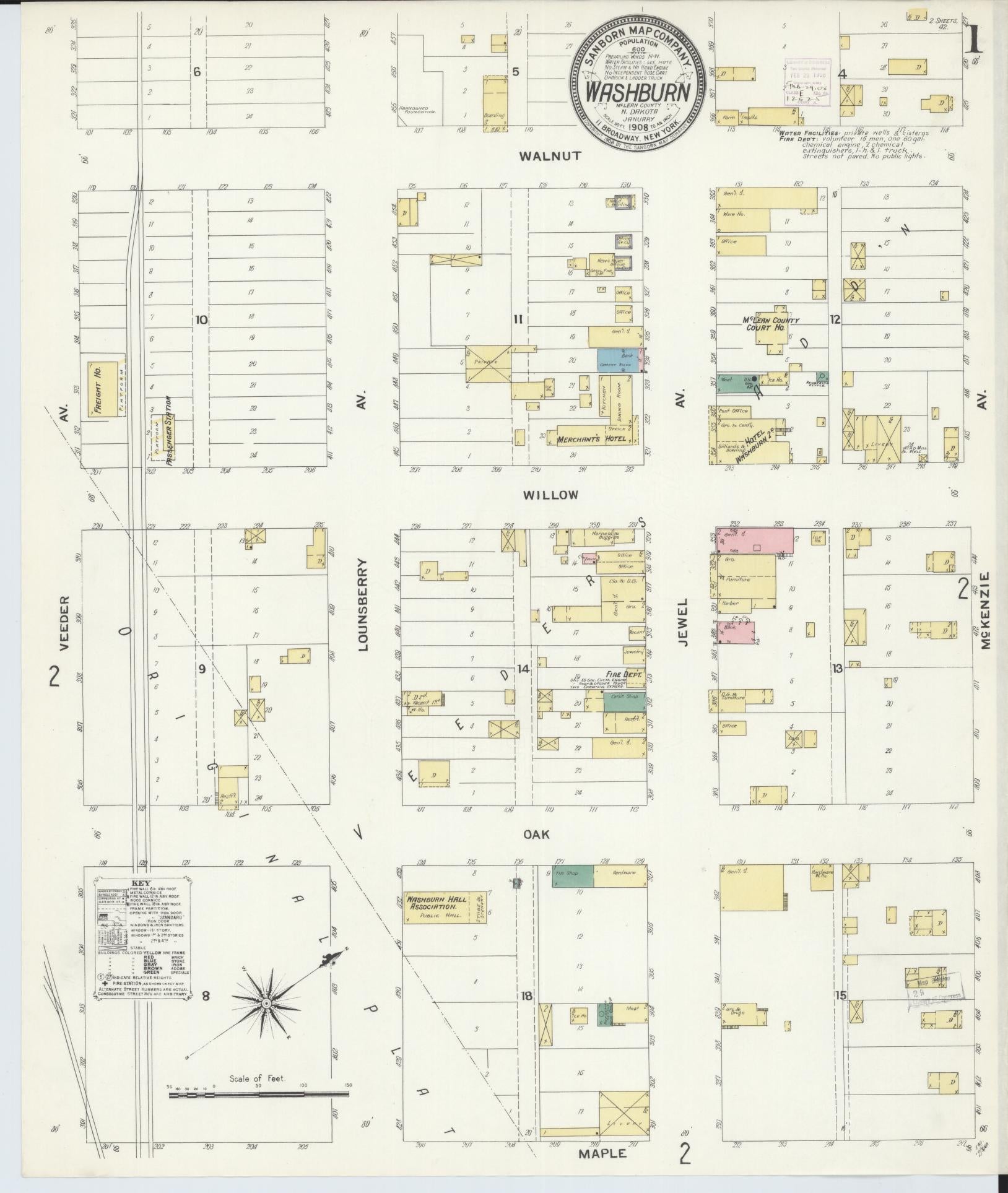 Sanborn Fire Insurance Map from Washburn, Mclean County, North Dakota (1908), Sheet #0001 - Complete Map Set gallery image, historic Sanborn map, vintage wall art, North Dakota North Dakota