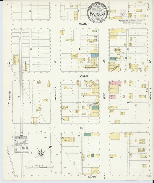 Sanborn Fire Insurance Map from Washburn, Mclean County, North Dakota (1908), Sheet #0001 - Complete Map Set gallery image, historic Sanborn map, vintage wall art, North Dakota North Dakota