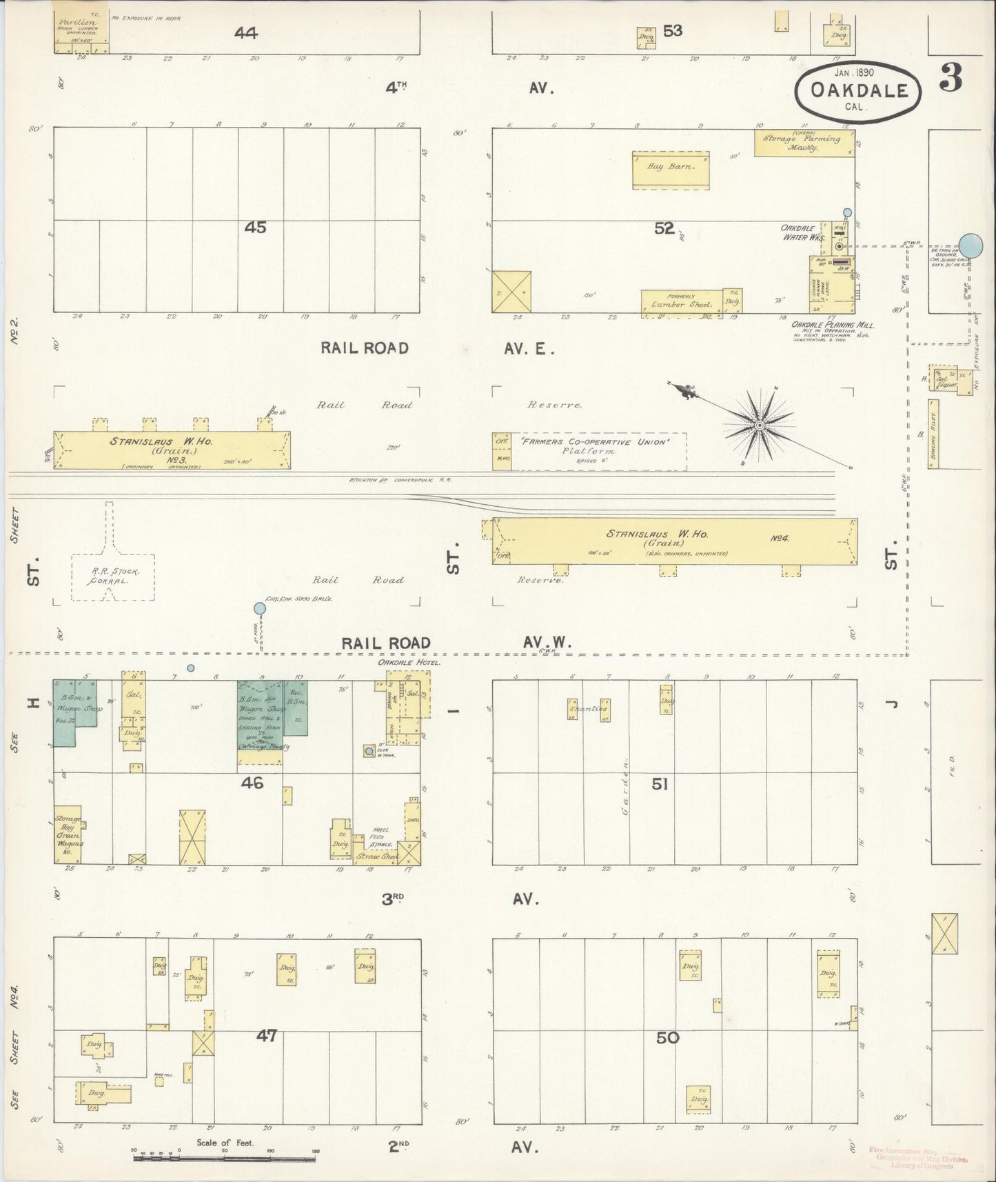 Sanborn Fire Insurance Map from Oakdale, Stanislaus County, California (1890), Sheet #0003 - Complete Map Set gallery image, historic Sanborn map, vintage wall art, California California