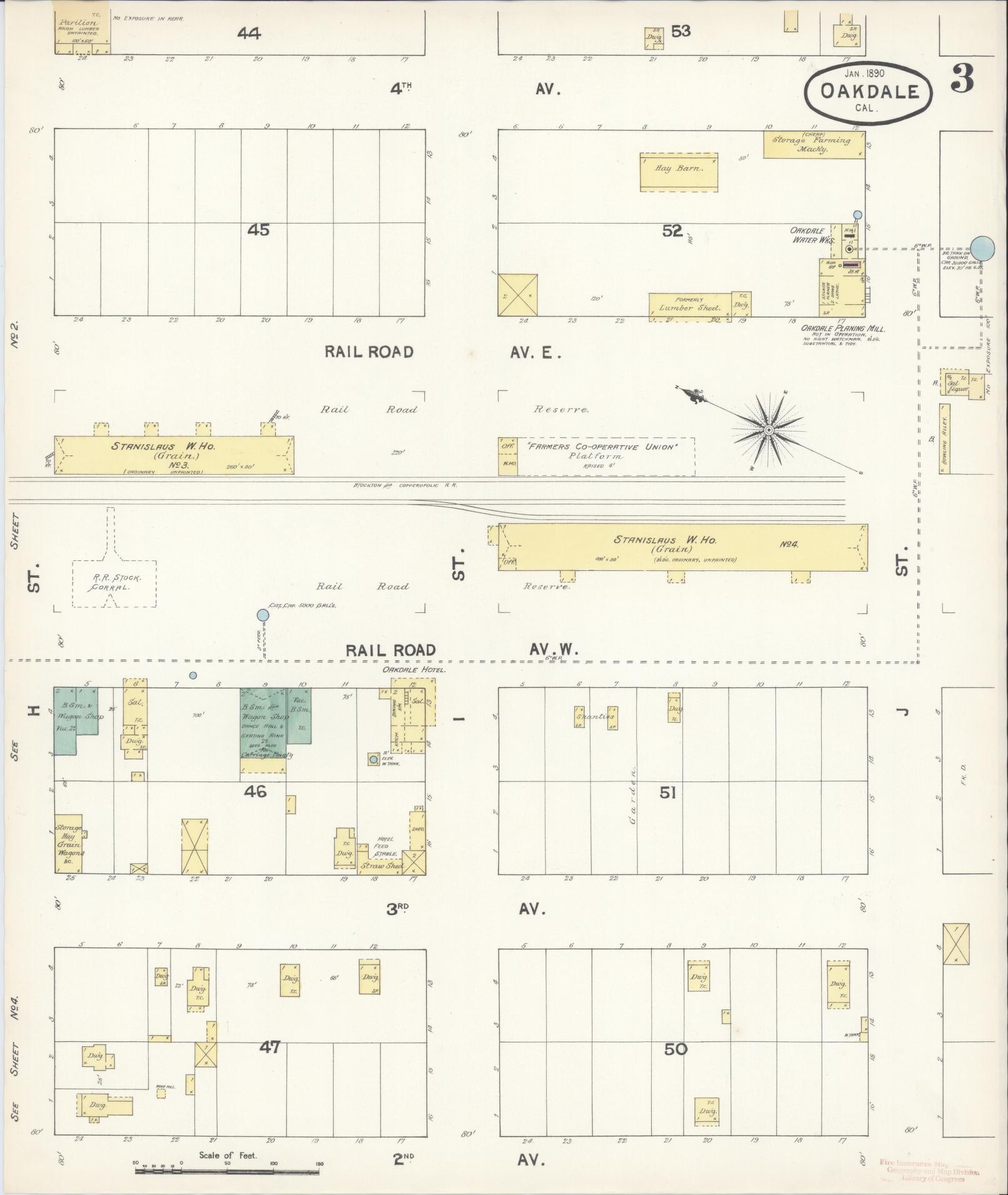 Sanborn Fire Insurance Map from Oakdale, Stanislaus County, California (1890), Sheet #0003 - Complete Map Set gallery image, historic Sanborn map, vintage wall art, California California