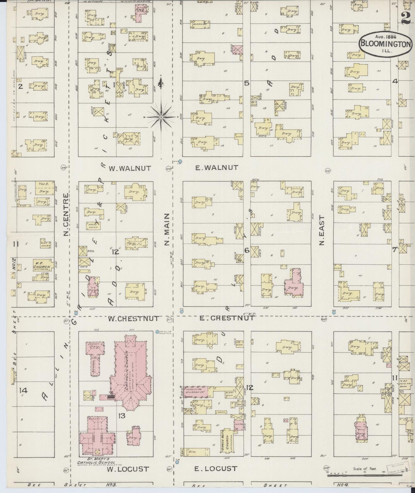 Sanborn Fire Insurance Map from Bloomington, McLean County, Illinois (1886), Sheet #0002 - Complete Map Set gallery image, historic Sanborn map, vintage wall art, Illinois Illinois