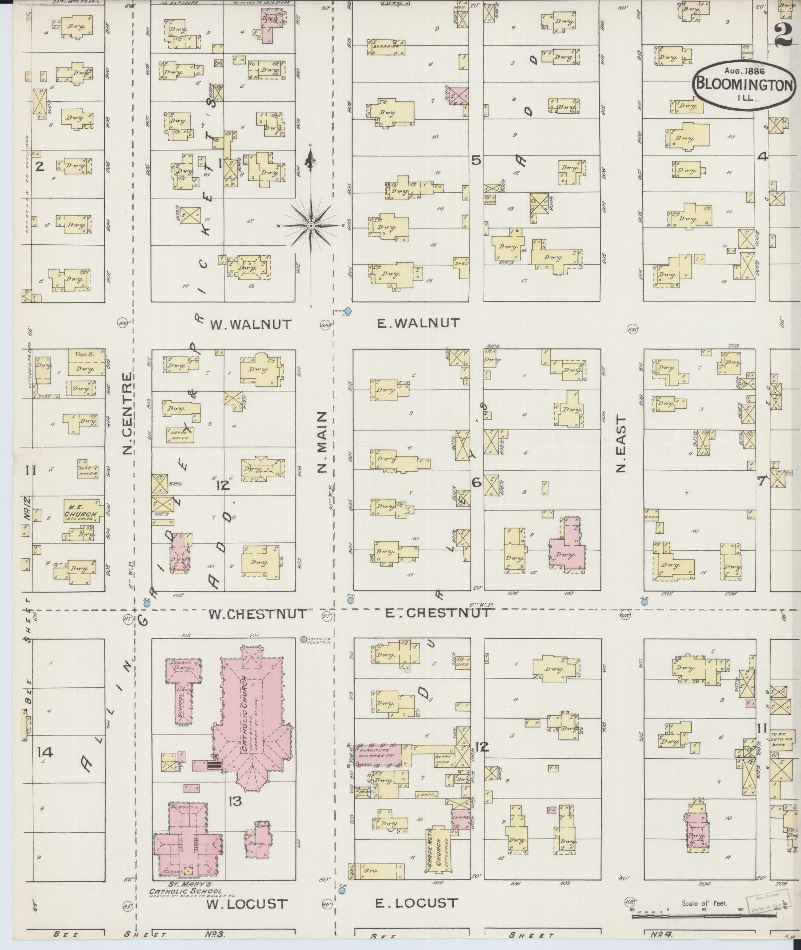 Sanborn Fire Insurance Map from Bloomington, McLean County, Illinois (1886), Sheet #0002 - Complete Map Set gallery image, historic Sanborn map, vintage wall art, Illinois Illinois