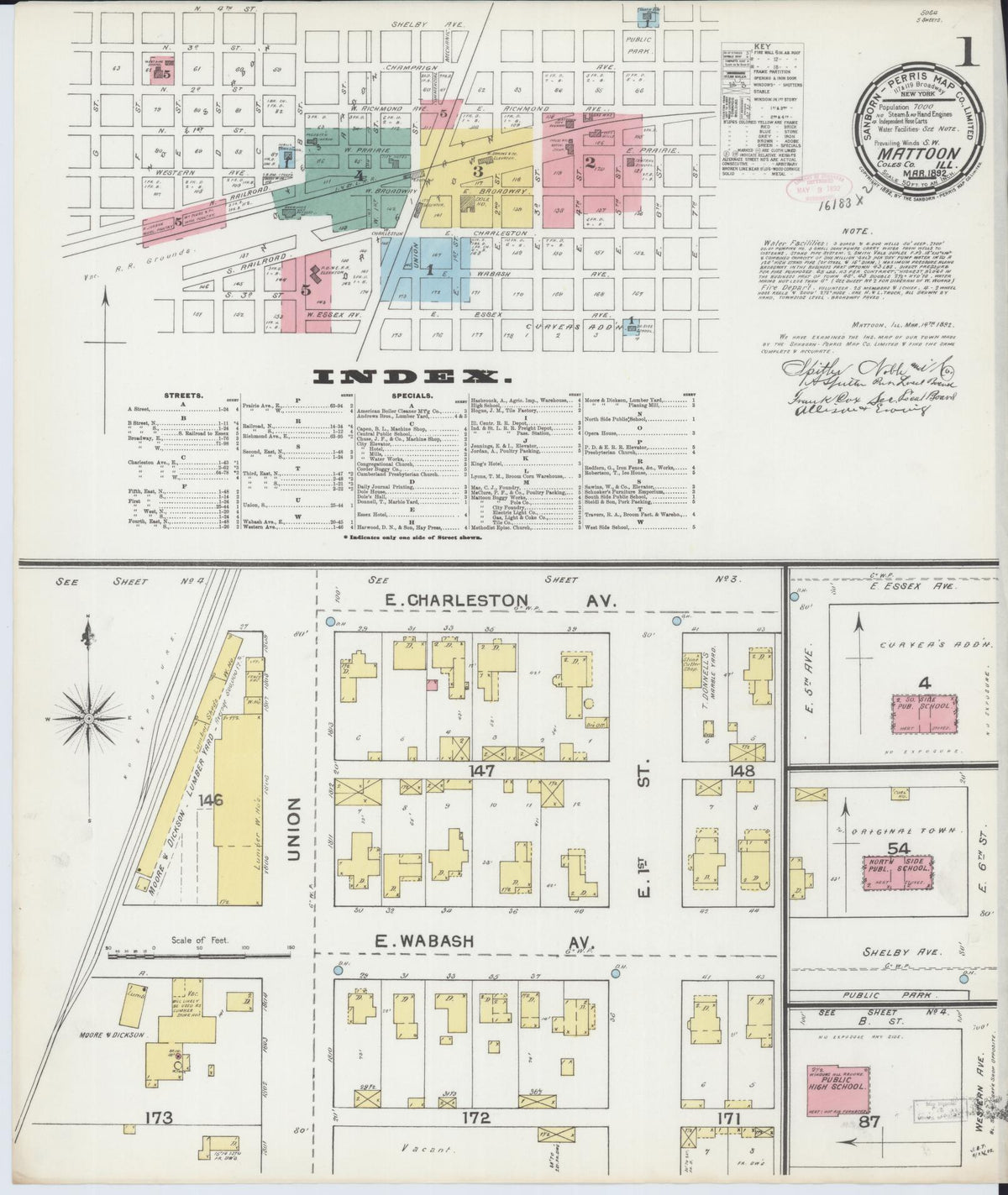 Sanborn Fire Insurance Map from Mattoon, Coles County, Illinois (1892), Sheet #0001 - Historic Sanborn Fire Insurance Map Print, vintage old map wall art, antique decor, genealogy gift, Illinois Illinois map