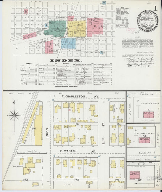 Sanborn Fire Insurance Map from Mattoon, Coles County, Illinois (1892), Sheet #0001 - Historic Sanborn Fire Insurance Map Print, vintage old map wall art, antique decor, genealogy gift, Illinois Illinois map
