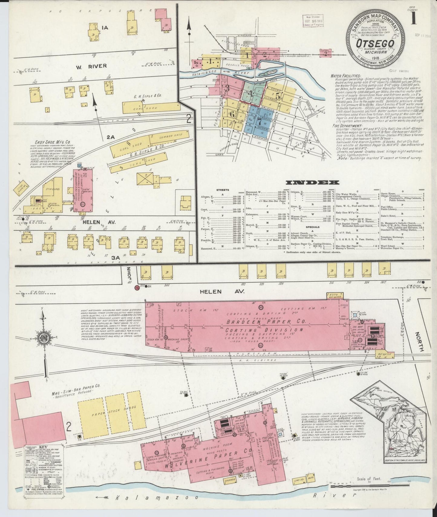 Sanborn Fire Insurance Map from Otsego, Allegan County, Michigan (1918), Sheet #0001 - Complete Map Set gallery image, historic Sanborn map, vintage wall art, Michigan Michigan