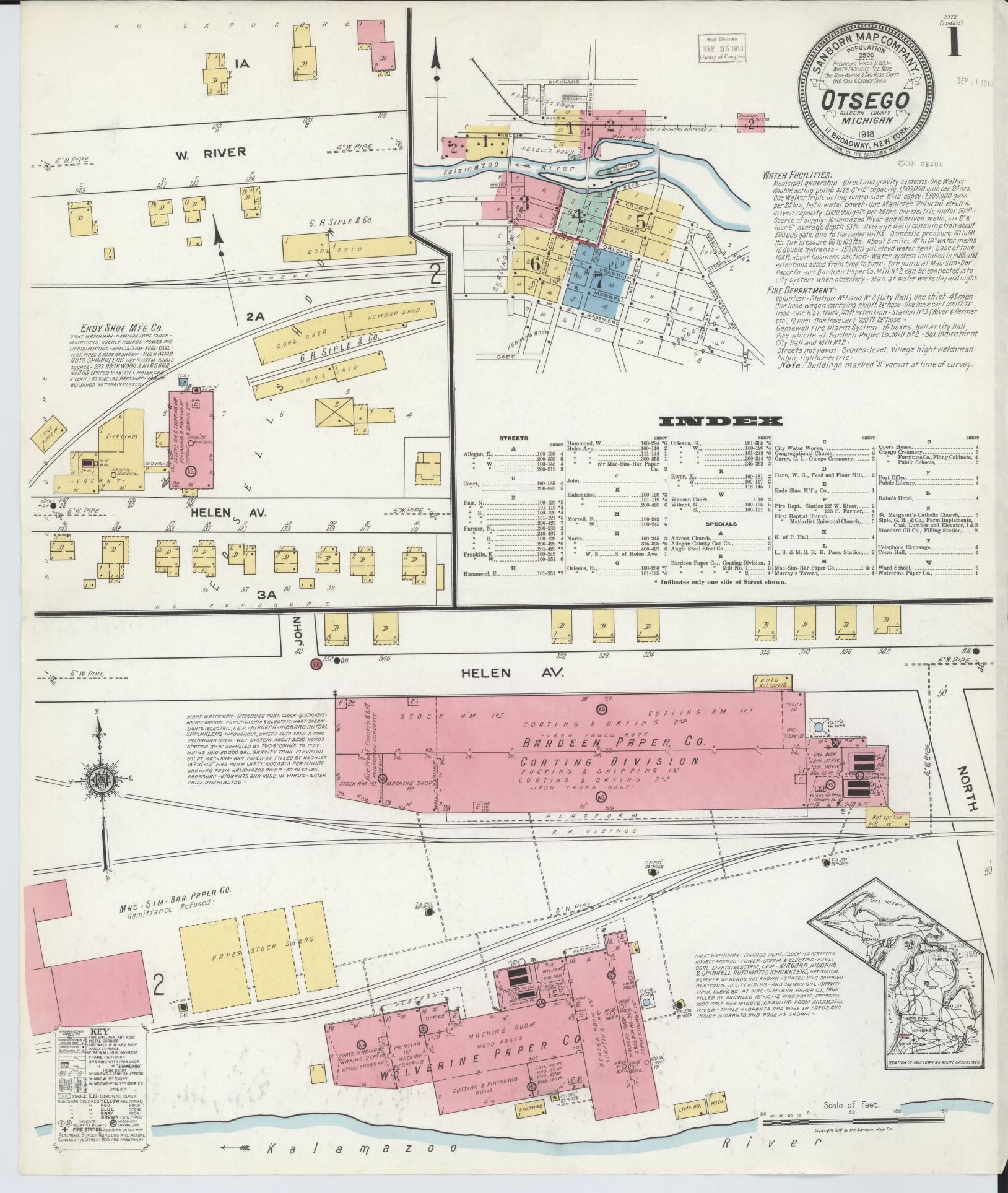 Sanborn Fire Insurance Map from Otsego, Allegan County, Michigan (1918), Sheet #0001 - Complete Map Set gallery image, historic Sanborn map, vintage wall art, Michigan Michigan