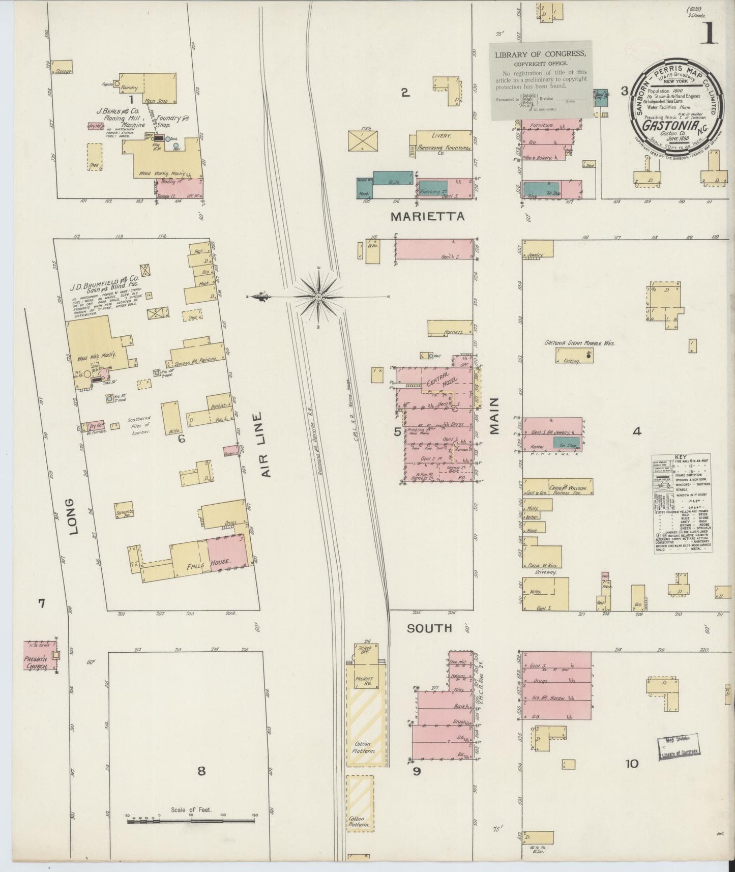 Sanborn Fire Insurance Map from Gastonia, Gaston County, North Carolina (1893), Sheet #0001 - Historic Sanborn Fire Insurance Map Print, vintage old map wall art, antique decor, genealogy gift, North Carolina North Carolina map