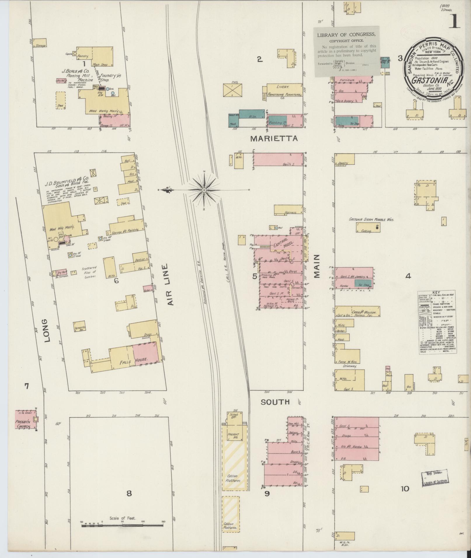 Sanborn Fire Insurance Map from Gastonia, Gaston County, North Carolina (1893), Sheet #0001 - Historic Sanborn Fire Insurance Map Print, vintage old map wall art, antique decor, genealogy gift, North Carolina North Carolina map