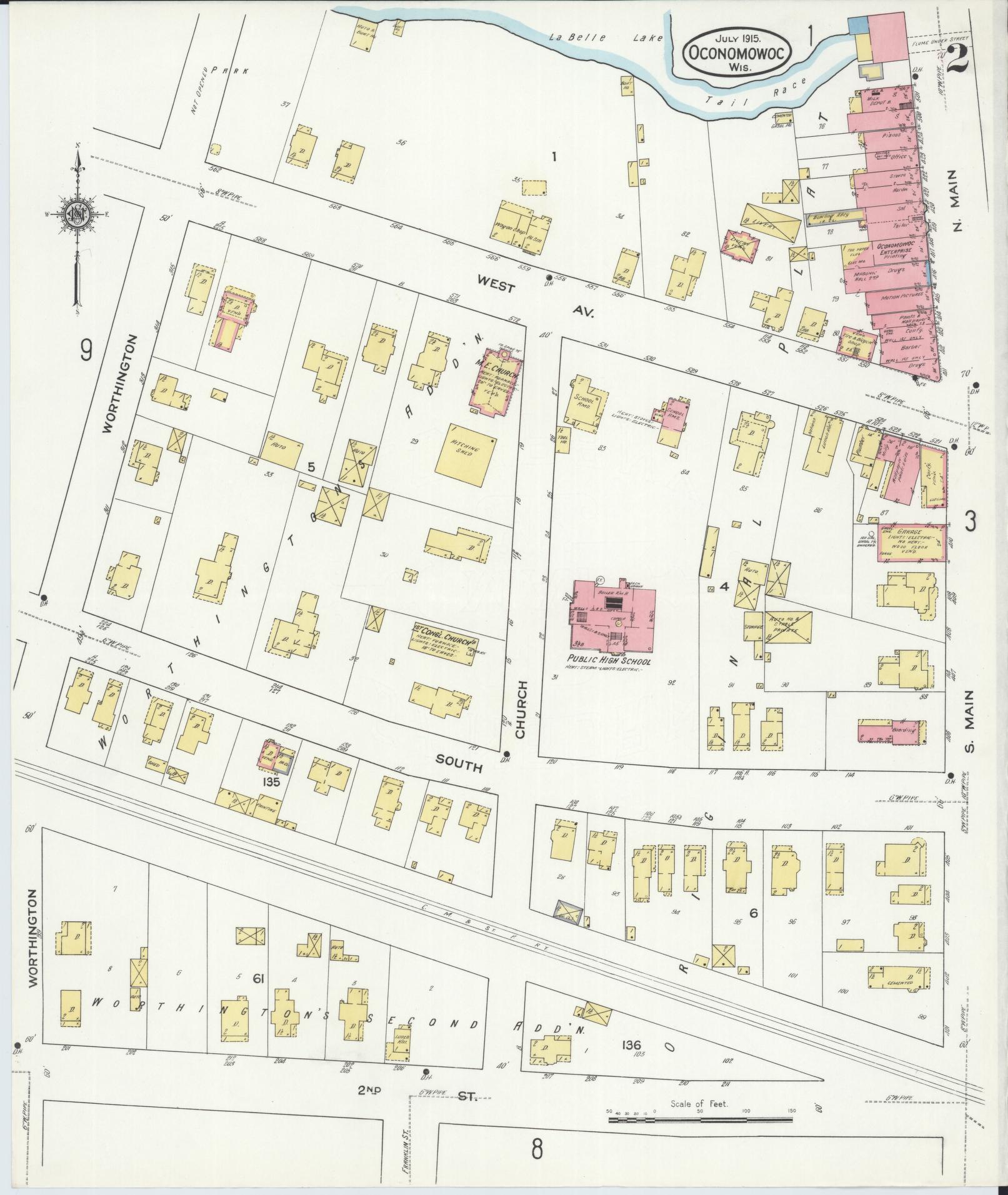 Sanborn Fire Insurance Map from Oconomowoc, Waukesha County, Wisconsin (1915), Sheet #0002 - Historic Sanborn Fire Insurance Map Print, vintage old map wall art, antique decor, genealogy gift, Wisconsin Wisconsin map