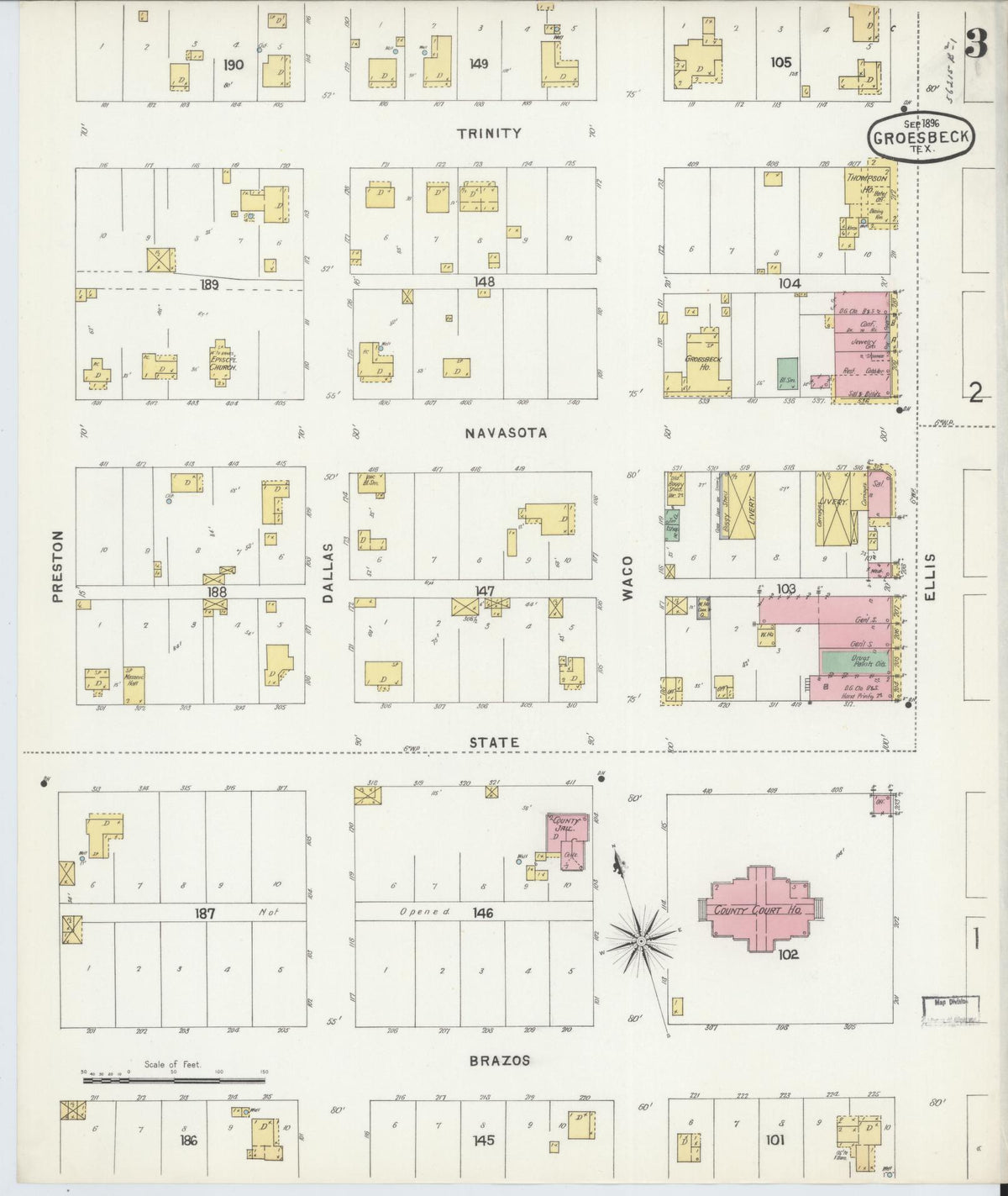Sanborn Fire Insurance Map from Groesbeck, Limestone County, Texas (1896), Sheet #0003 - Complete Map Set gallery image, historic Sanborn map, vintage wall art, Texas Texas