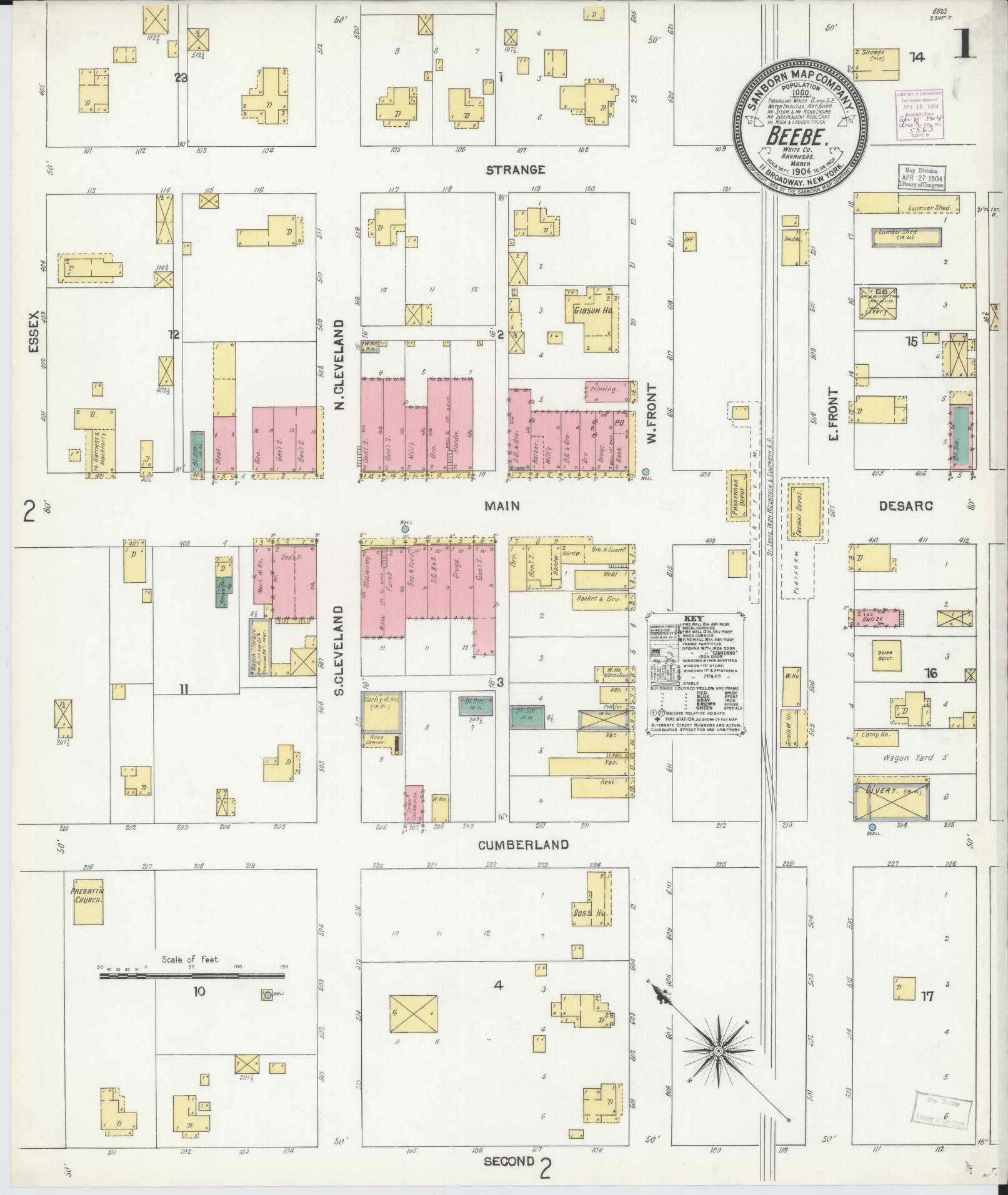 Sanborn Fire Insurance Map from Beebe, White County, Arkansas (1904), Sheet #0001 - Complete Map Set gallery image, historic Sanborn map, vintage wall art, Arkansas Arkansas
