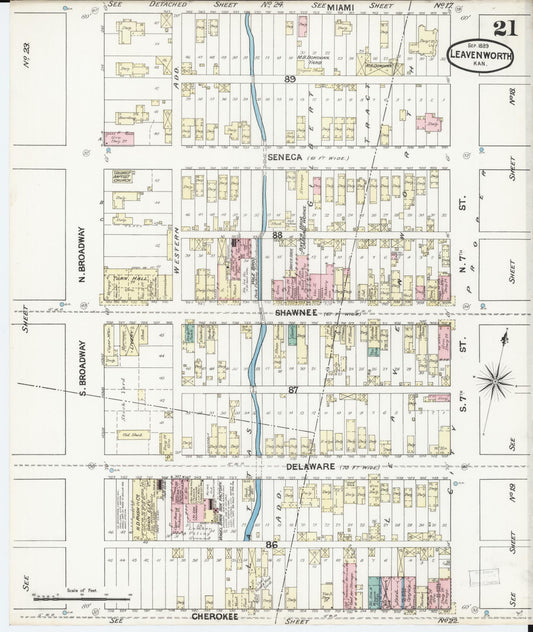 Sanborn Fire Insurance Map from Leavenworth, Leavenworth County, Kansas (1889), Sheet #0022 - Historic Sanborn Fire Insurance Map Print, vintage old map wall art, antique decor, genealogy gift, Kansas Kansas map