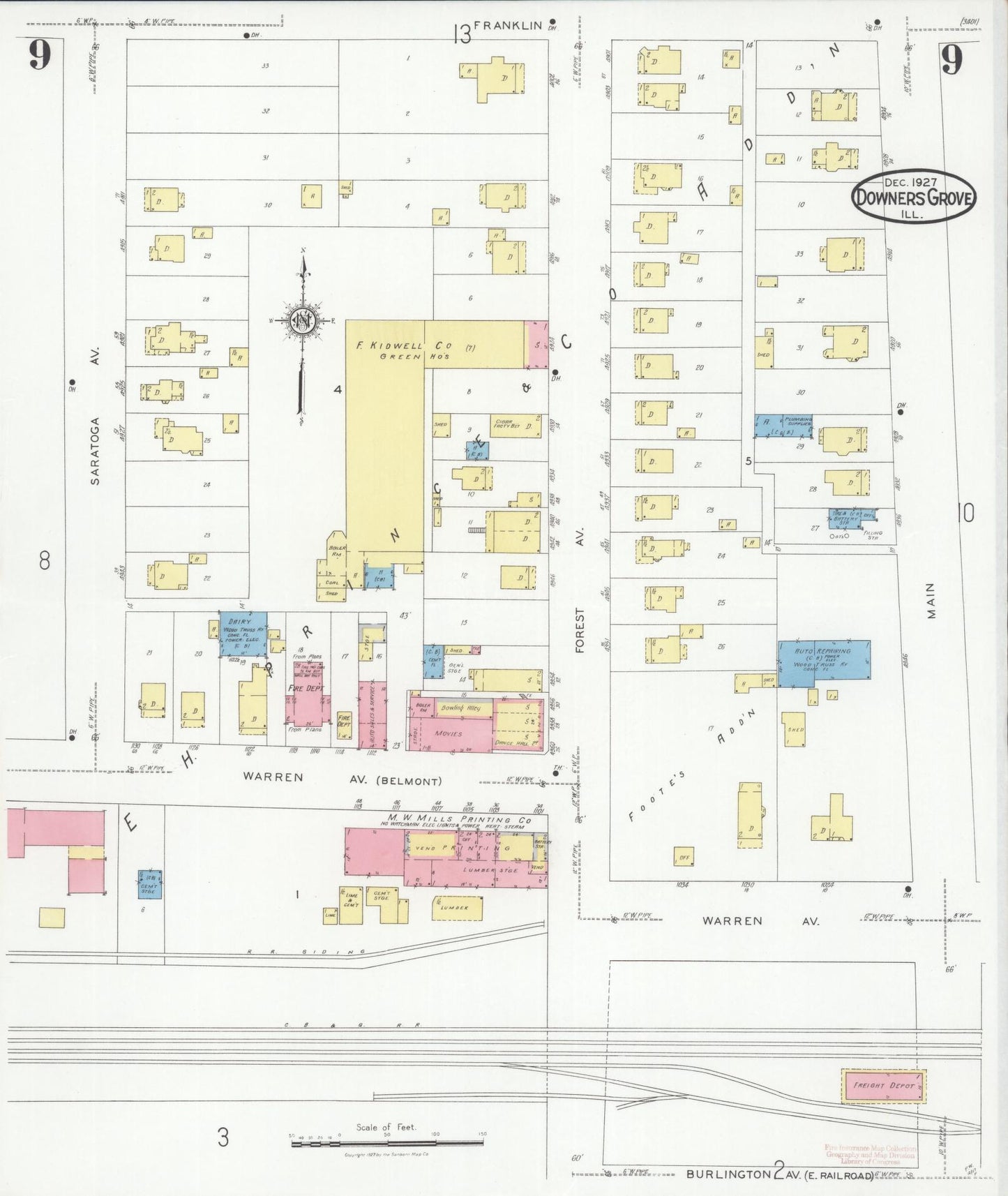 Sanborn Fire Insurance Map from Downers Grove, Dupage County, Illinois (1927), Sheet #0009 - Complete Map Set gallery image, historic Sanborn map, vintage wall art, Illinois Illinois
