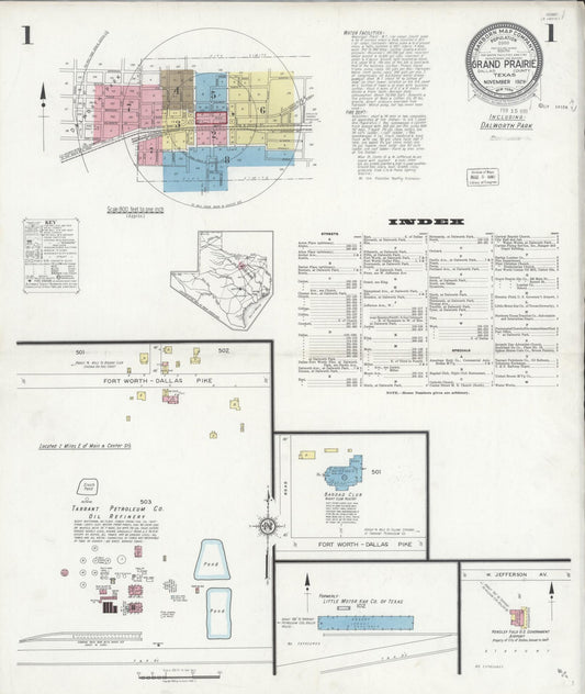 Sanborn Fire Insurance Map from Grand Prairie, Dallas County, Texas (1929), Sheet #0001 - Complete Map Set gallery image, historic Sanborn map, vintage wall art, Texas Texas